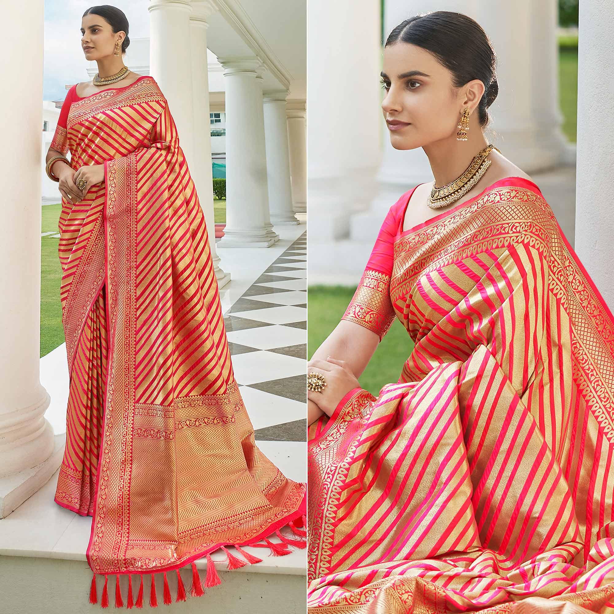 Pink Stripe Printed Pure Silk Saree With Tassels - Peachmode