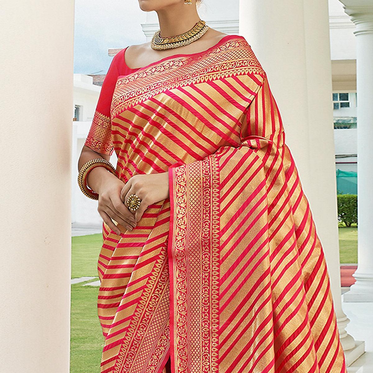 Pink Stripe Printed Pure Silk Saree With Tassels - Peachmode