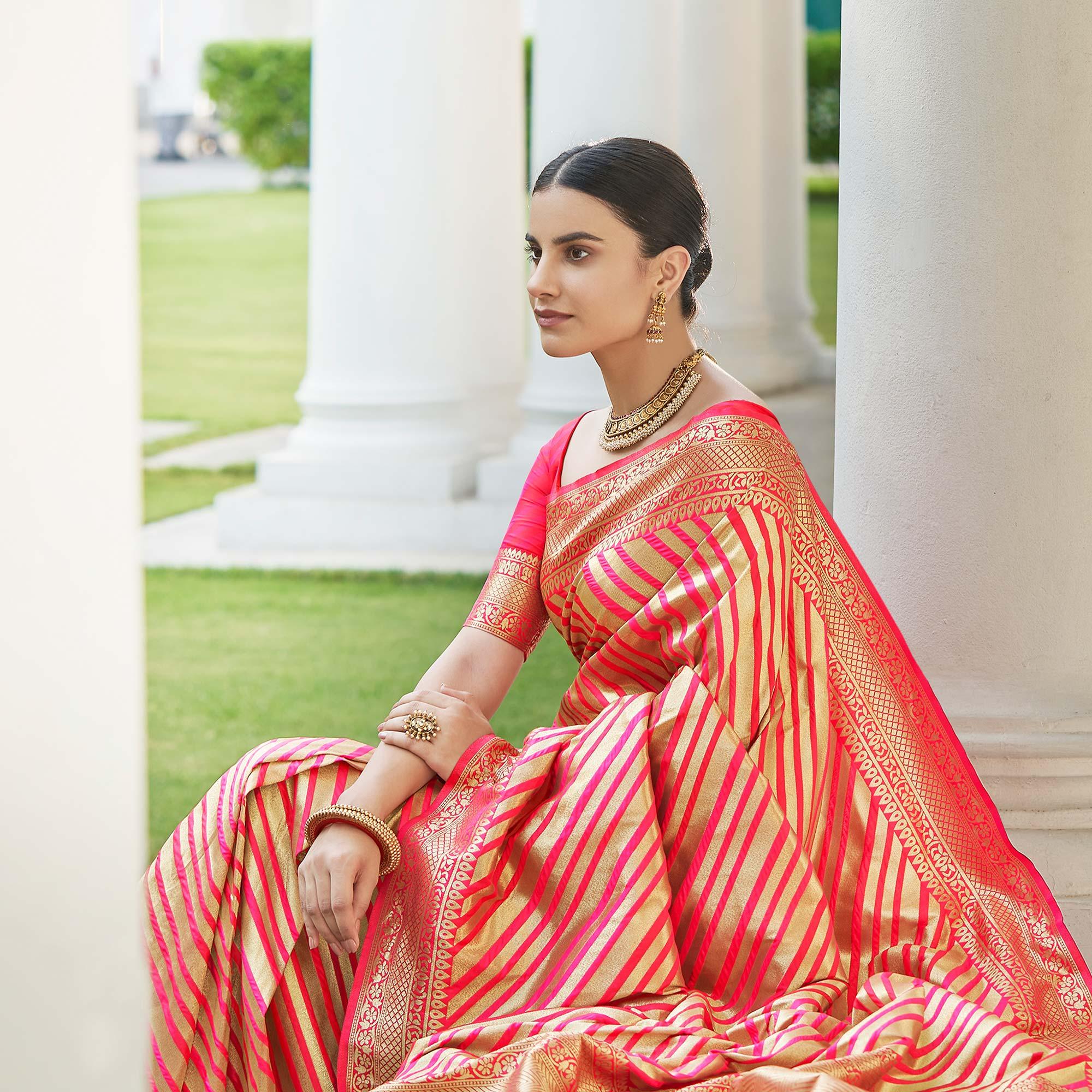 Pink Stripe Printed Pure Silk Saree With Tassels - Peachmode