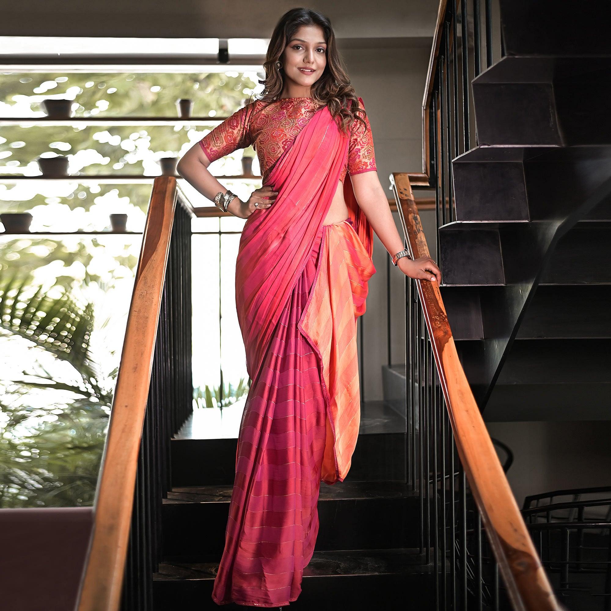 Pink Stripe Printed Satin Saree - Peachmode
