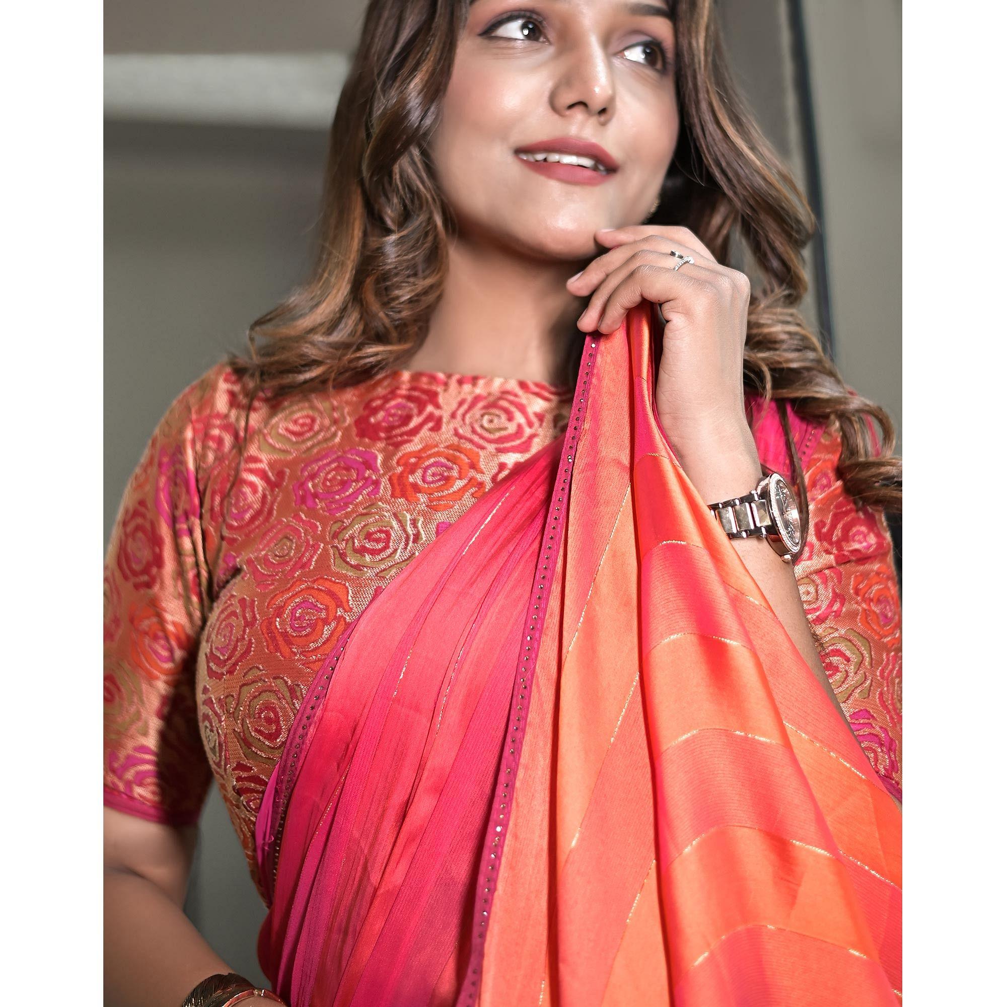 Pink Stripe Printed Satin Saree - Peachmode