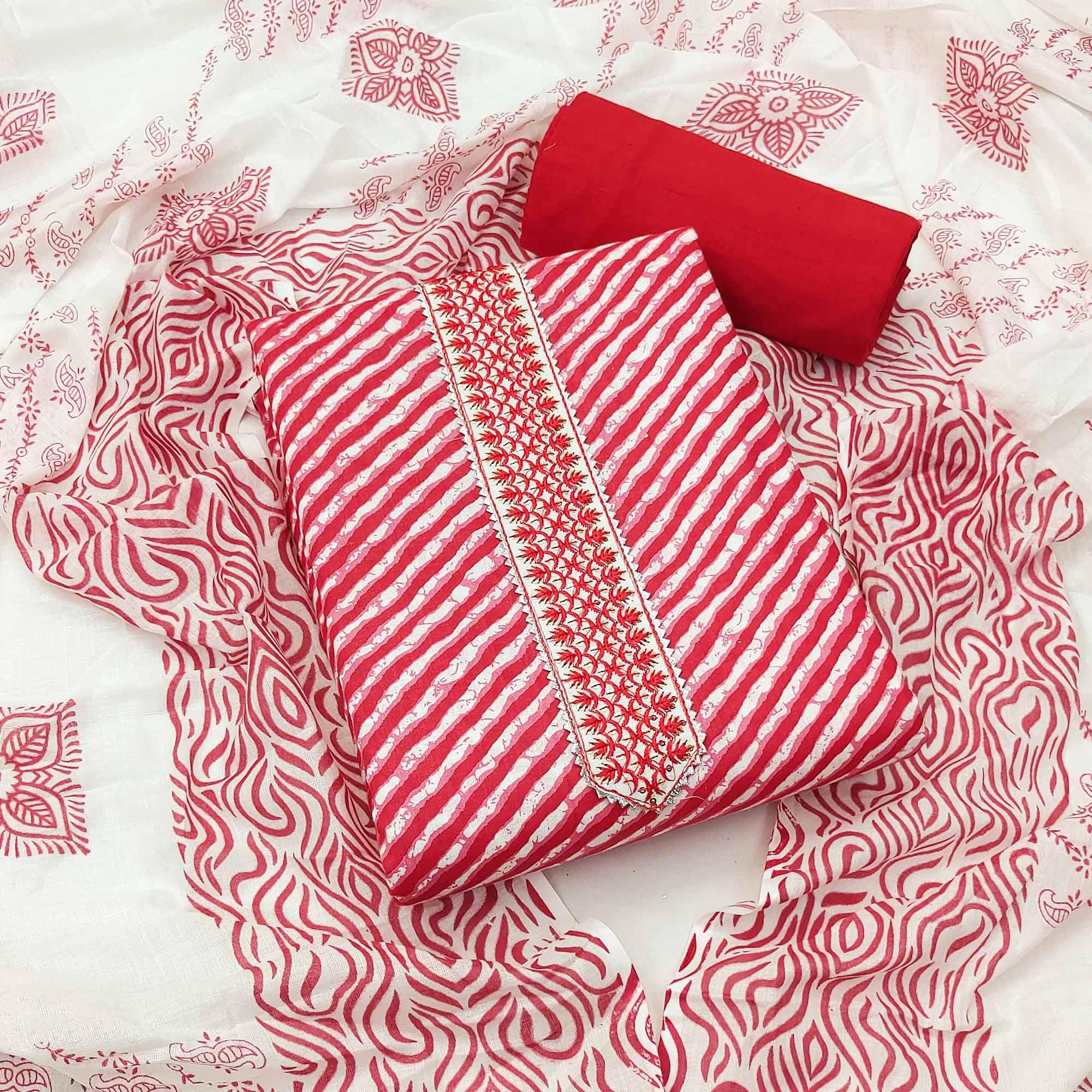 Pink Stripe Printed With Embroidered Poly Cotton Dress Material - Peachmode