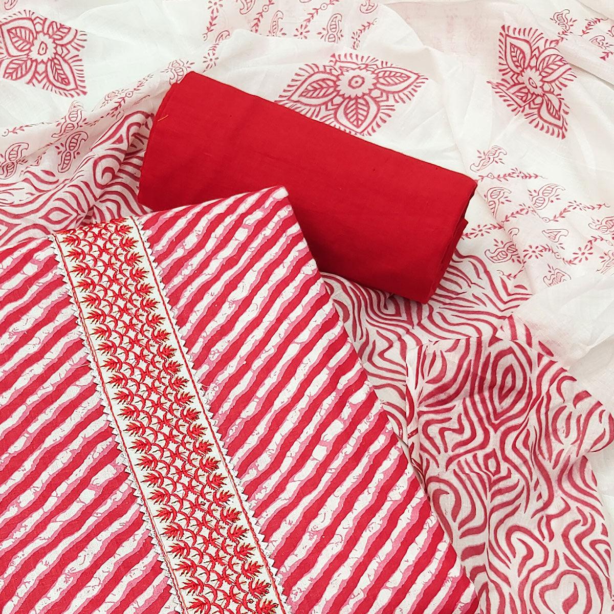 Pink Stripe Printed With Embroidered Poly Cotton Dress Material - Peachmode