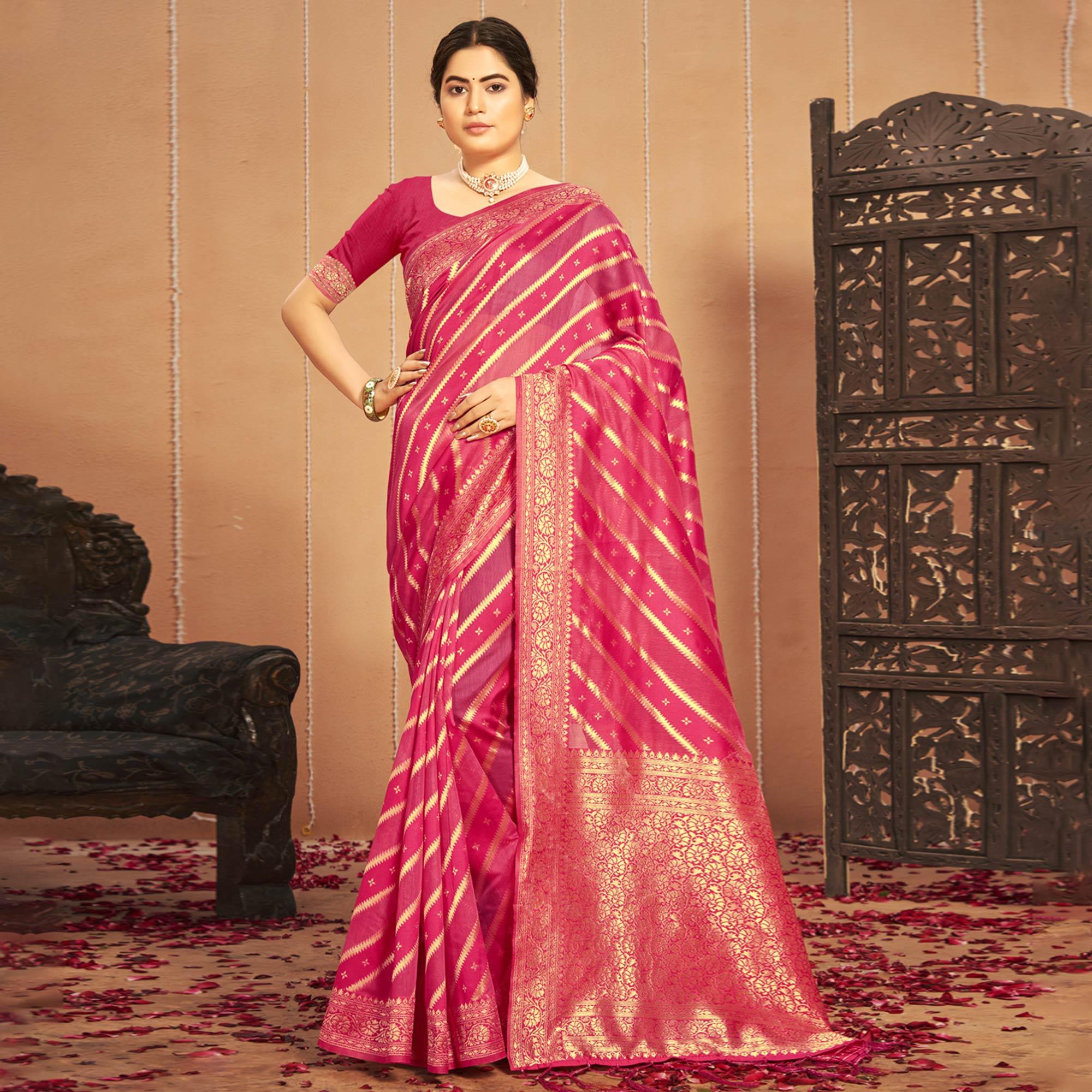 Pink Stripe With Woven Art Silk Saree - Peachmode