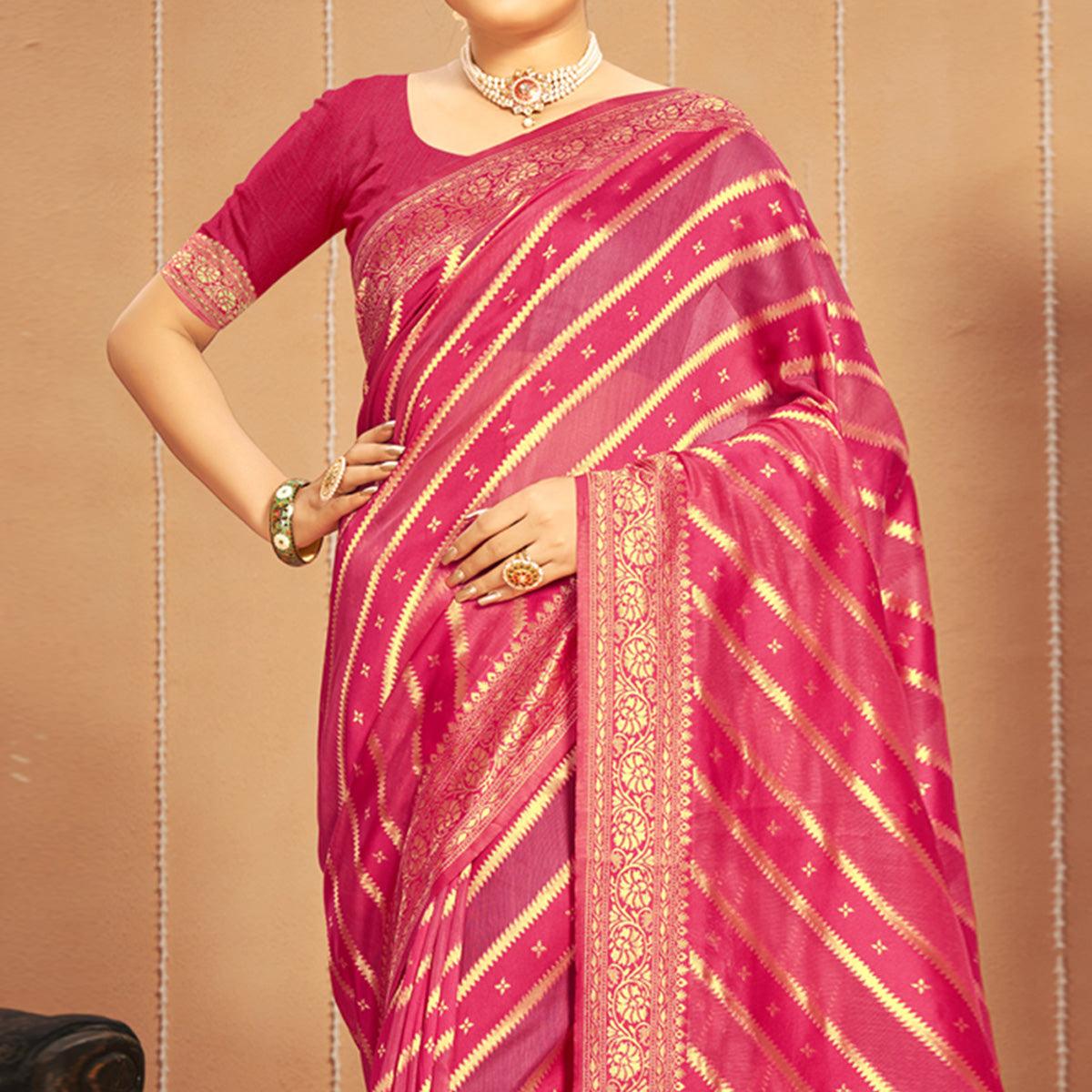 Pink Stripe With Woven Art Silk Saree - Peachmode