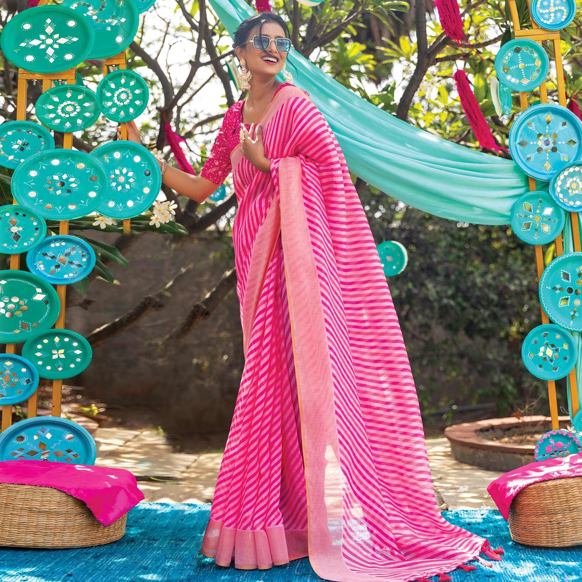 Pink Striped Printed Cotton Saree With Tassels - Peachmode