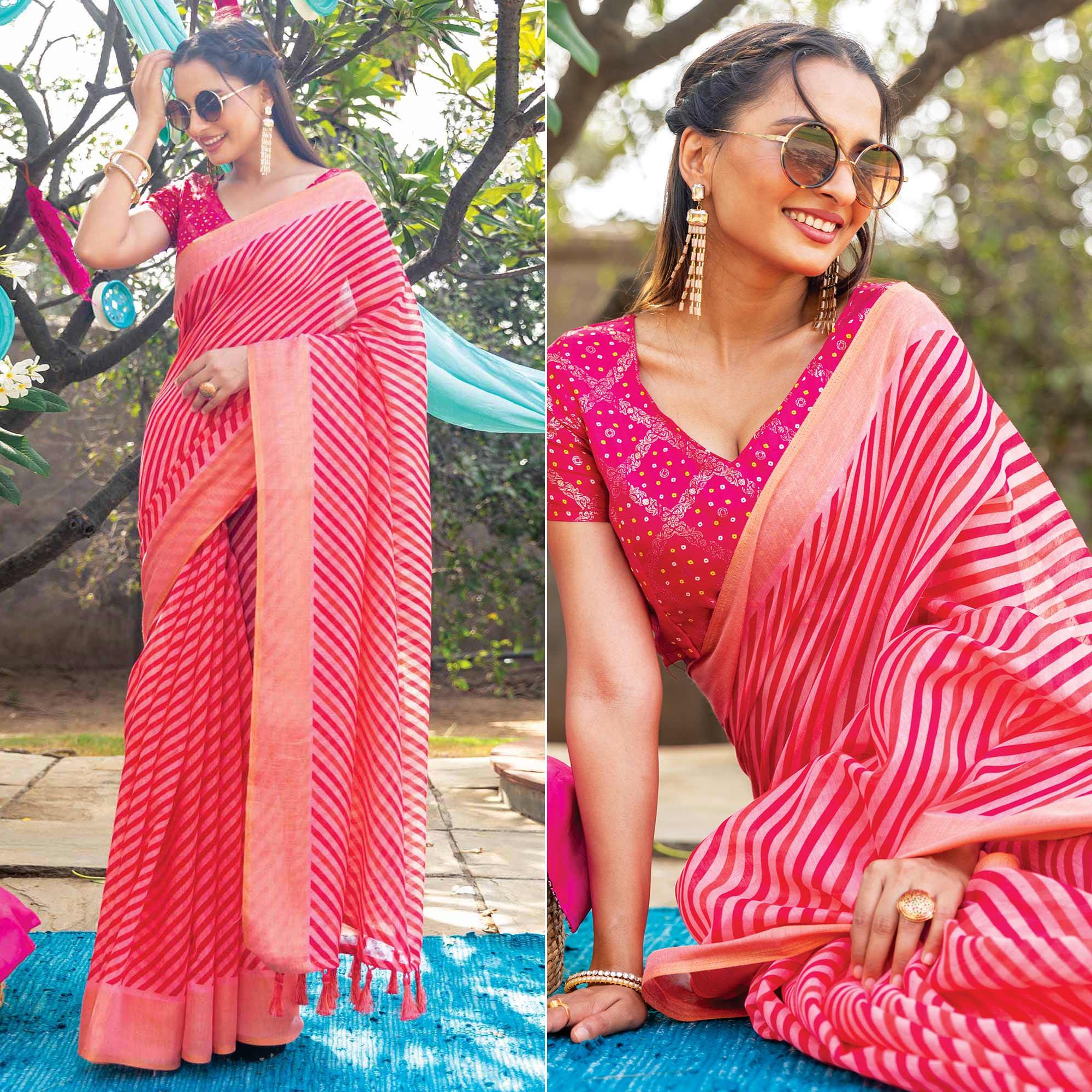 Pink Striped Printed Cotton Saree With Tassels - Peachmode
