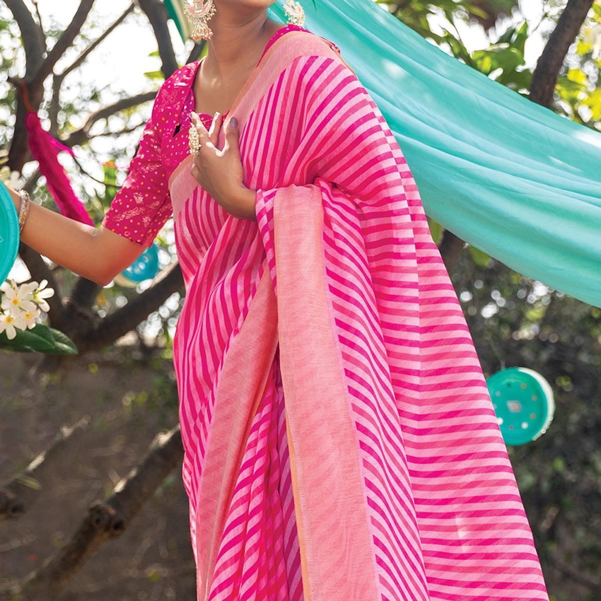 Pink Striped Printed Cotton Saree With Tassels - Peachmode