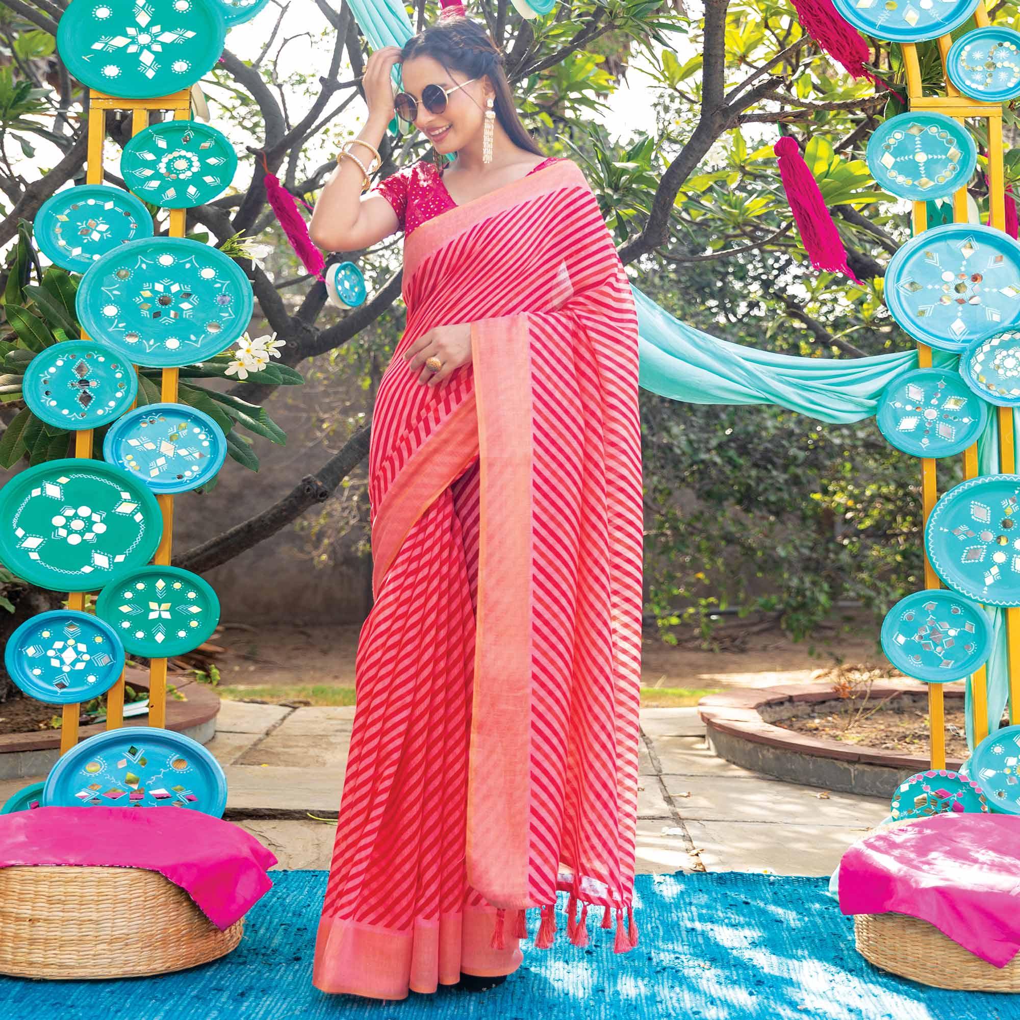 Pink Striped Printed Cotton Saree With Tassels - Peachmode