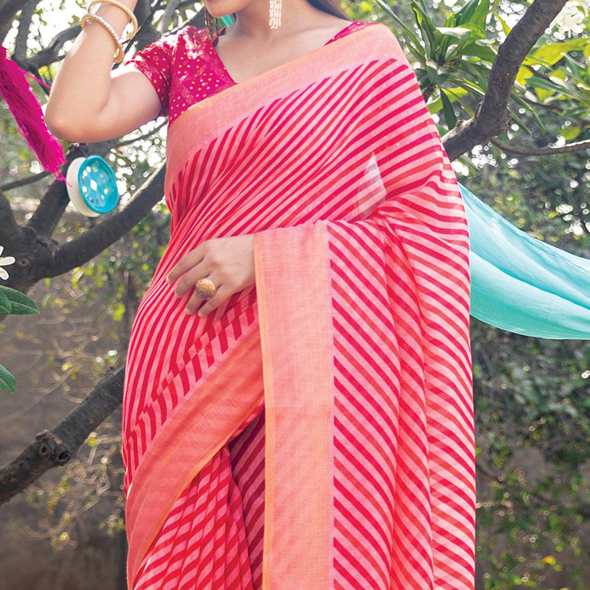 Pink Striped Printed Cotton Saree With Tassels - Peachmode