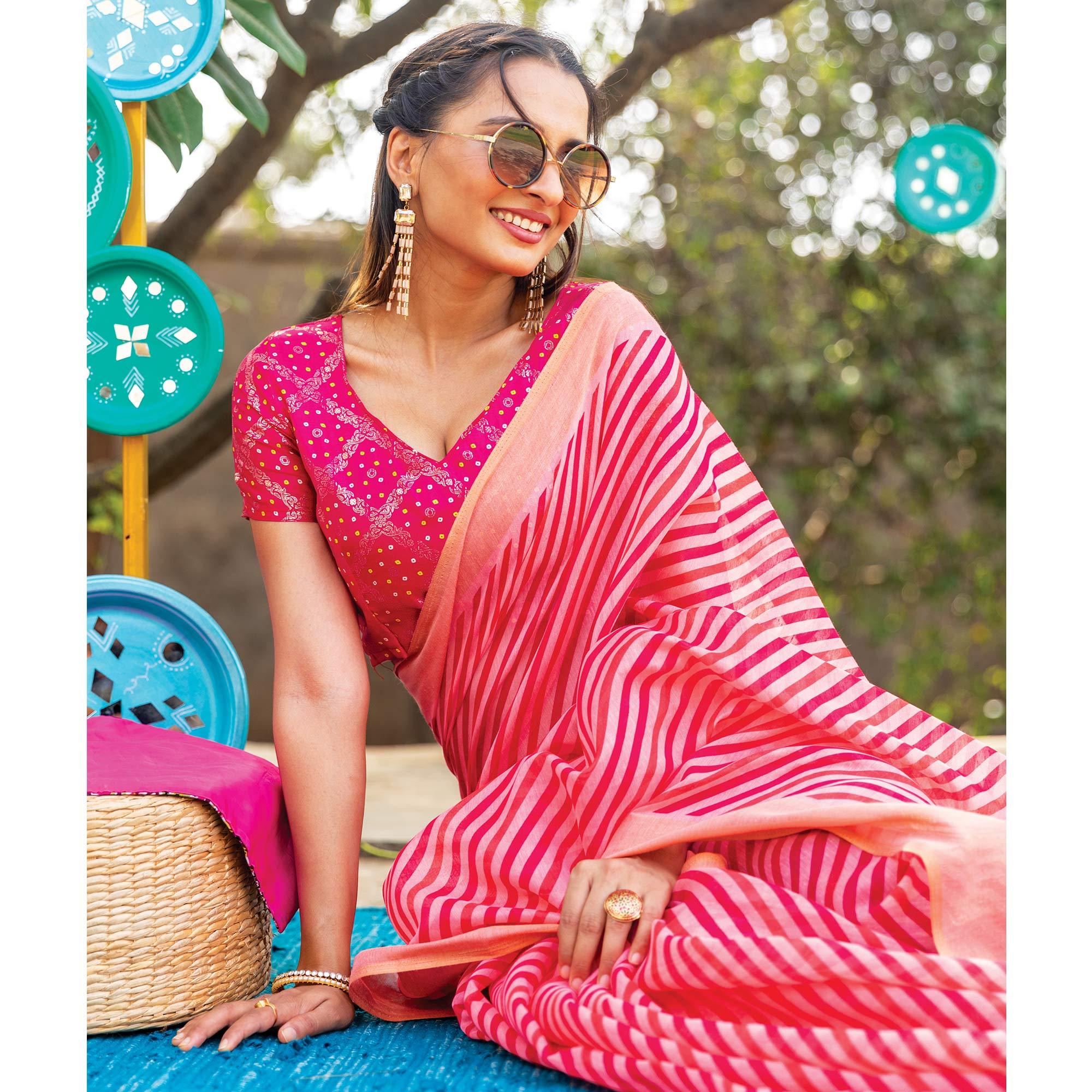 Pink Striped Printed Cotton Saree With Tassels - Peachmode