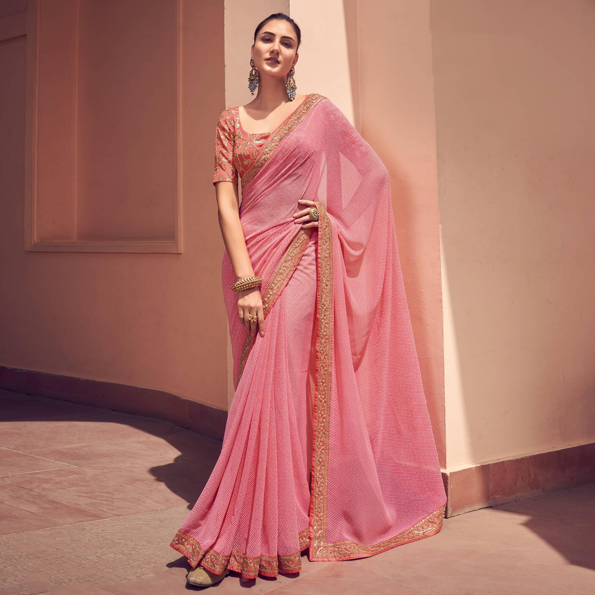 Pink Striped Printed Georgette Saree - Peachmode