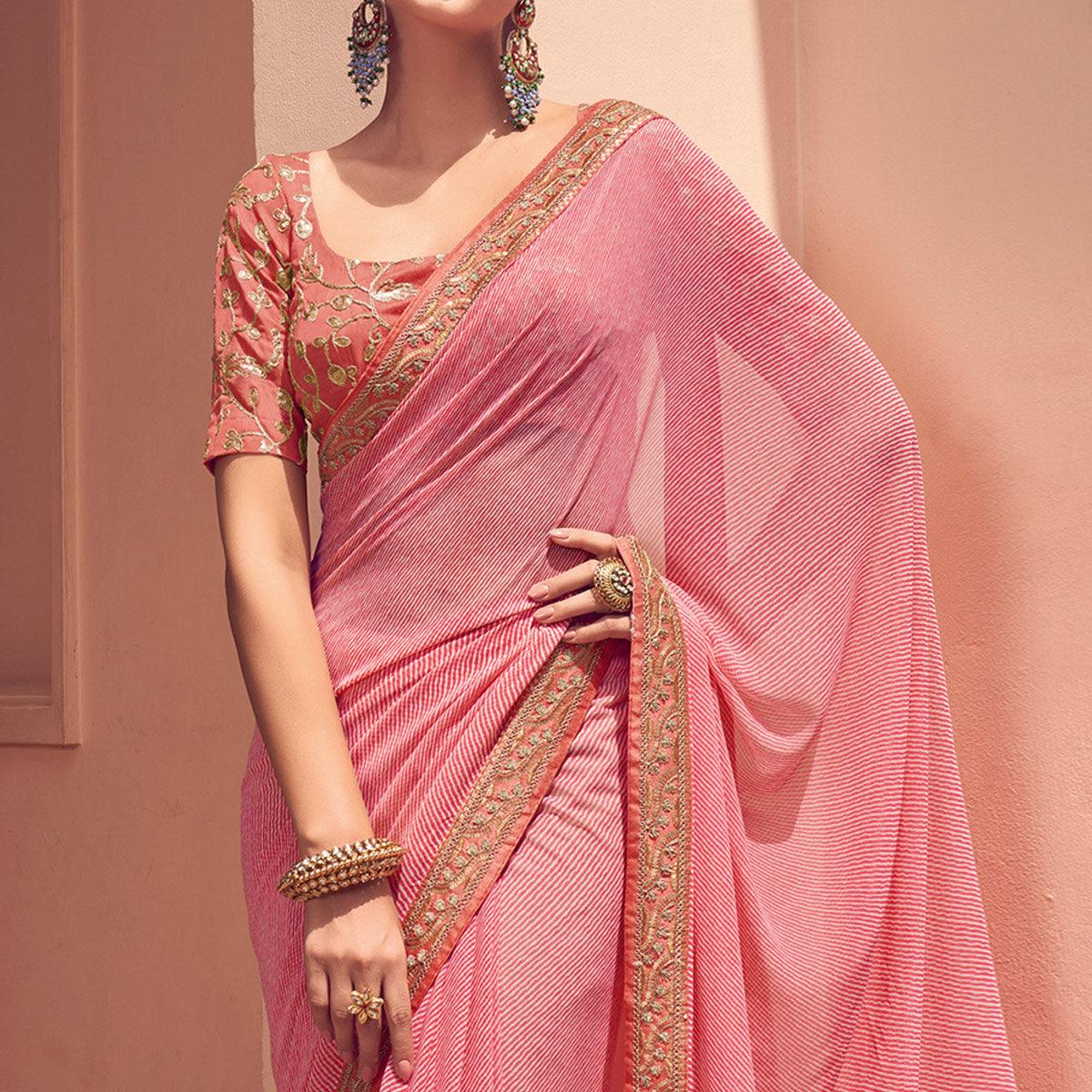 Pink Striped Printed Georgette Saree - Peachmode