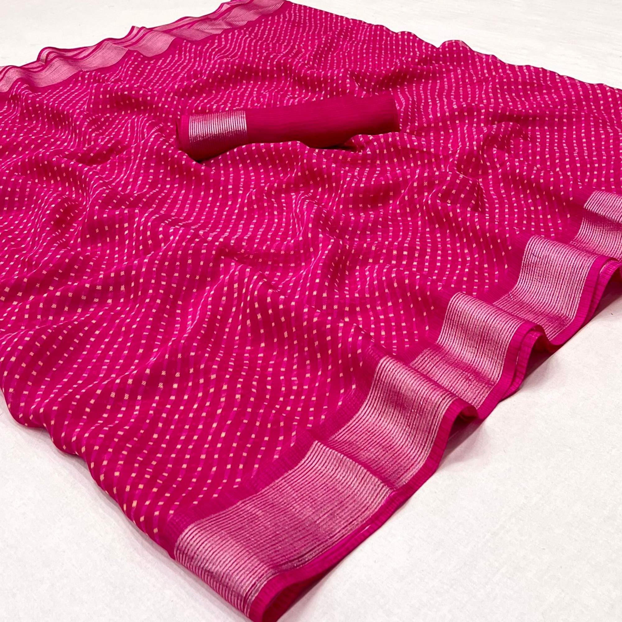 Pink Stripes Printed Chiffon Saree - Peachmode