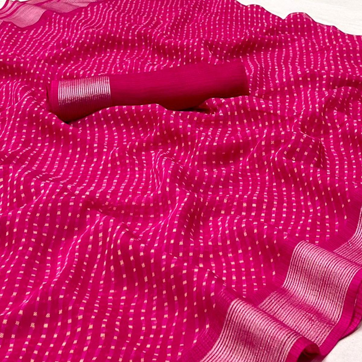 Pink Stripes Printed Chiffon Saree - Peachmode