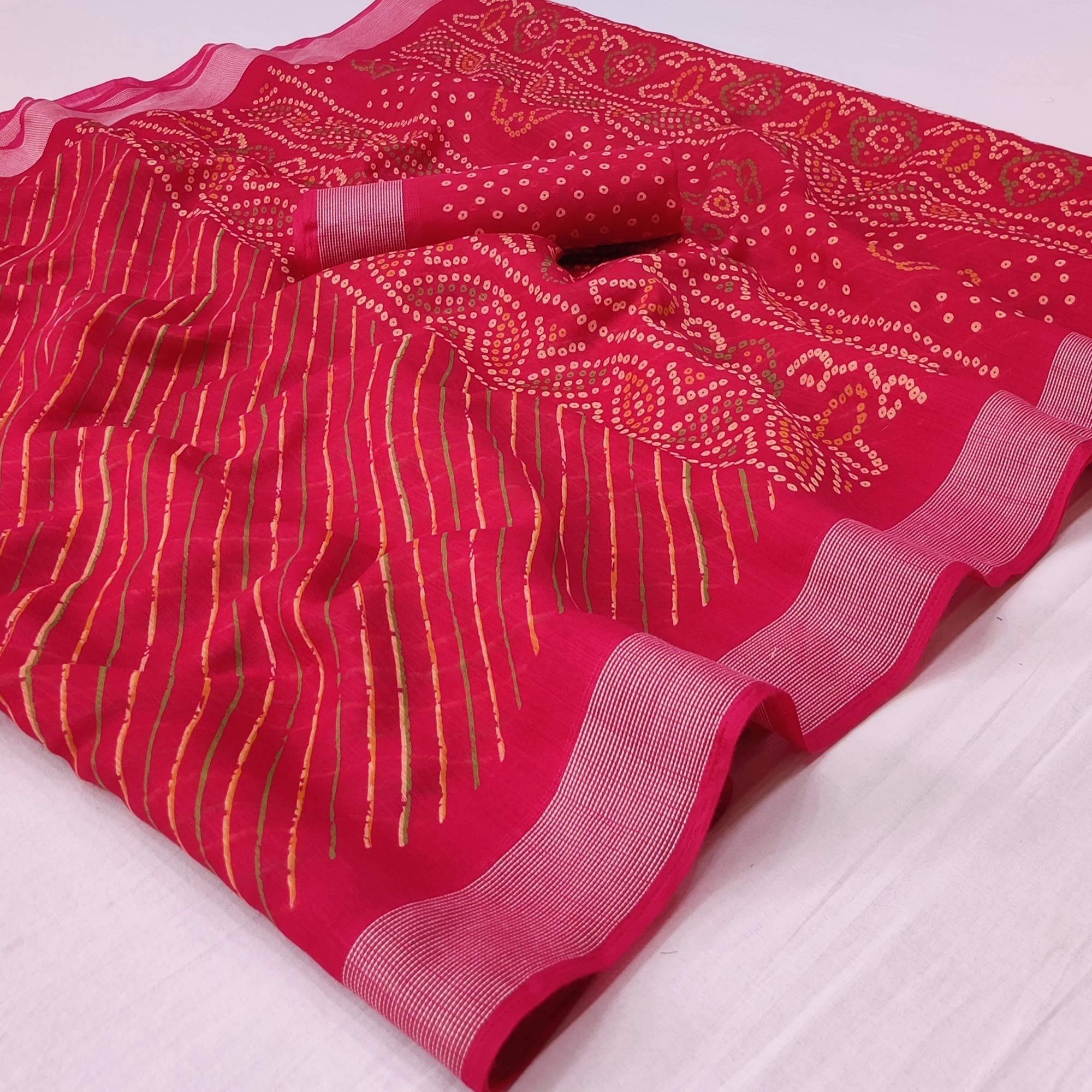 Pink Stripes Printed Poly Cotton Saree - Peachmode