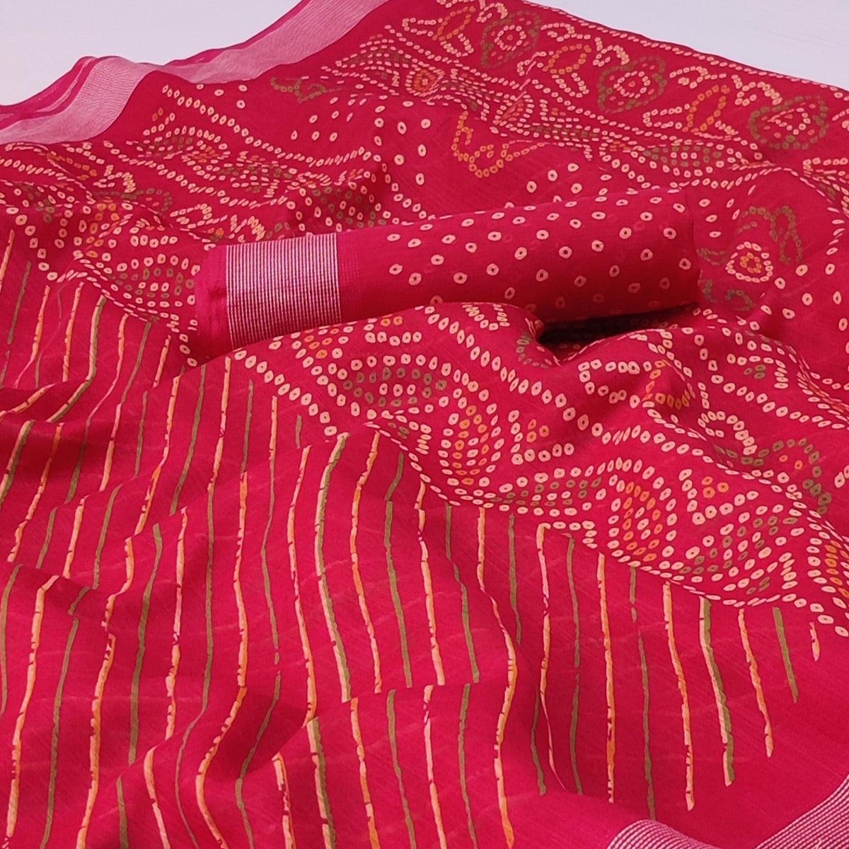 Pink Stripes Printed Poly Cotton Saree - Peachmode