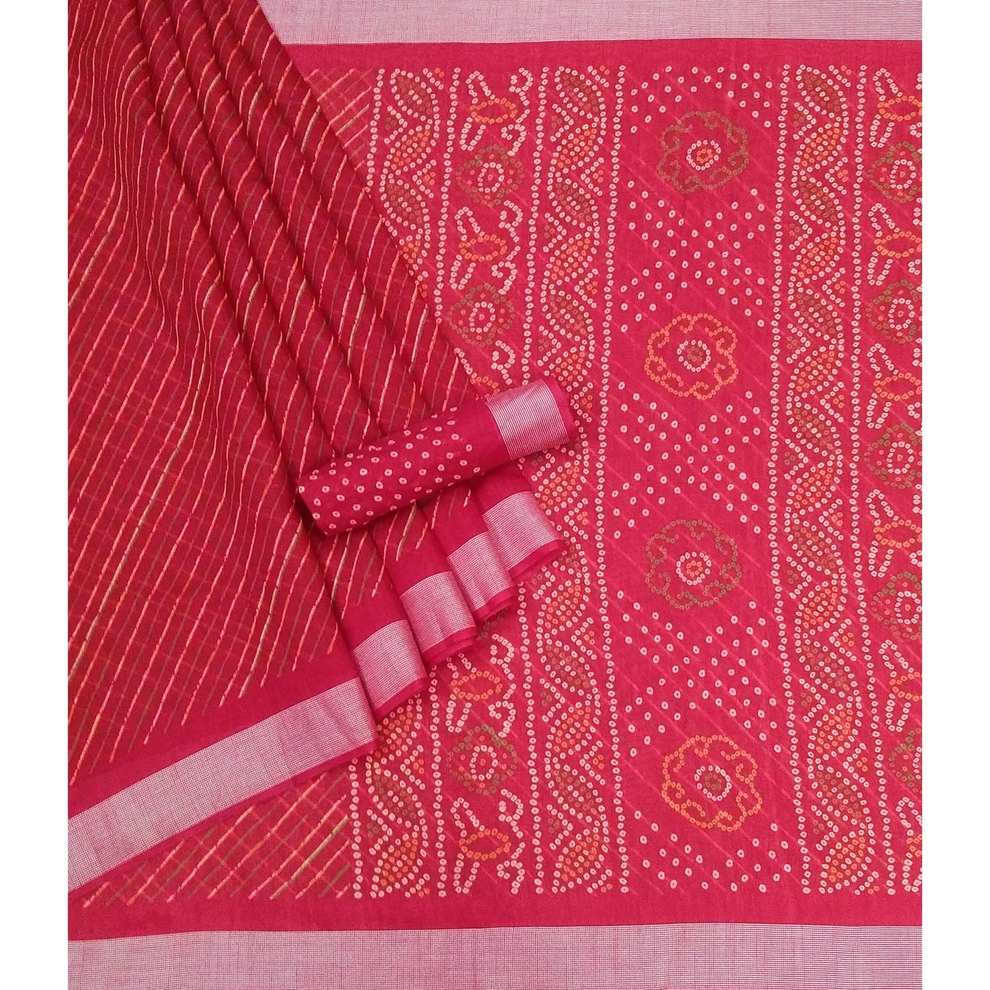 Pink Stripes Printed Poly Cotton Saree - Peachmode