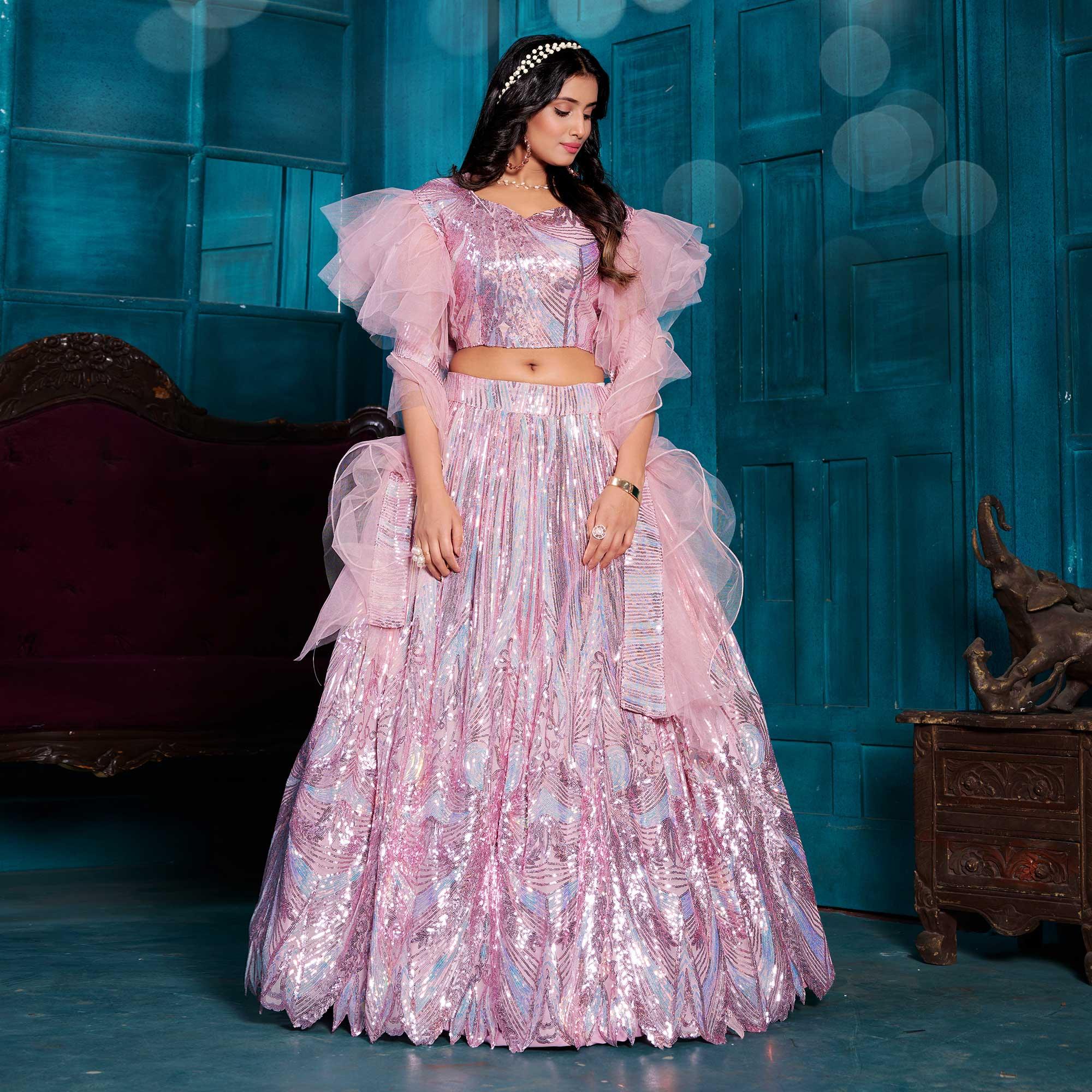 Pink-Violet Sequence Embroidered With Stonework Art Silk Lehenga Choli - Peachmode
