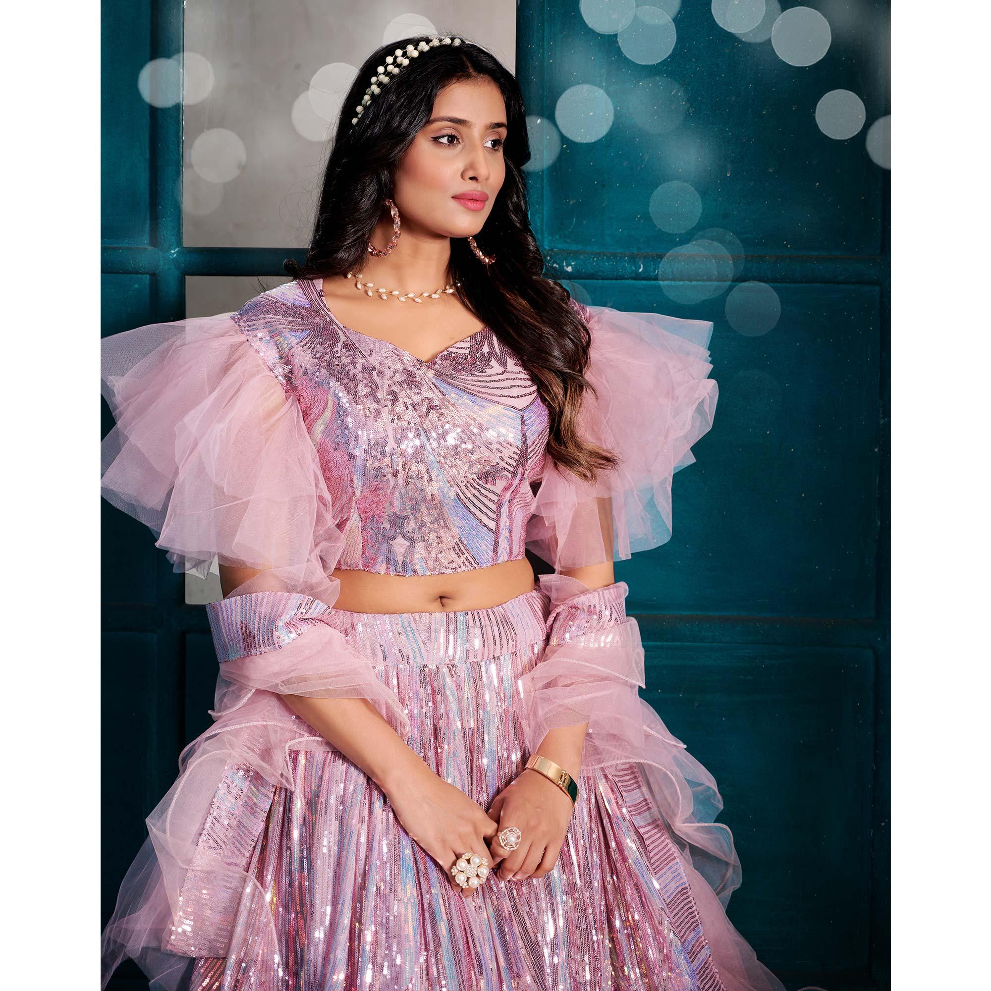 Pink-Violet Sequence Embroidered With Stonework Art Silk Lehenga Choli - Peachmode