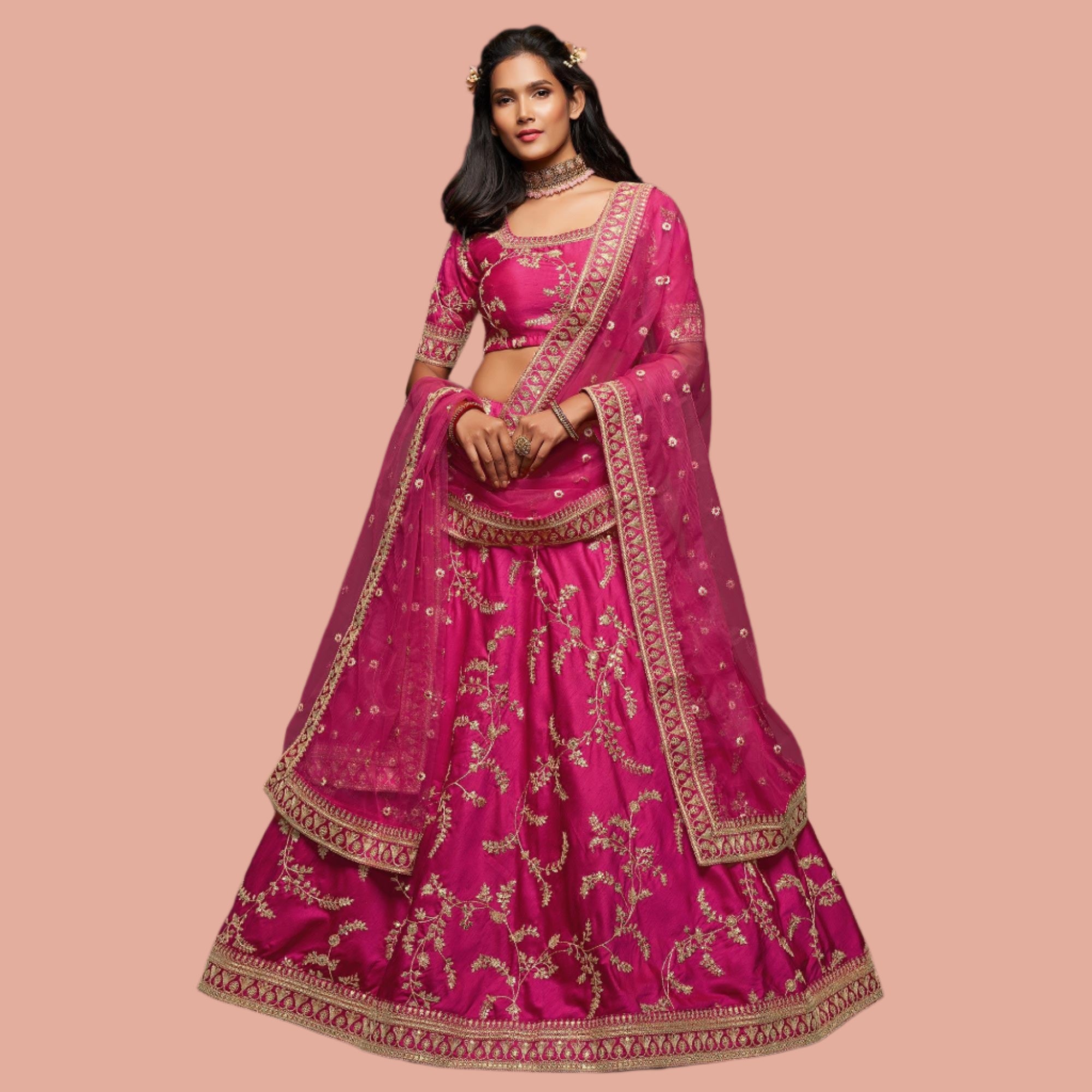 Pink Wedding Floral Sequins Embroidered Art Silk Lehenga Choli - Peachmode