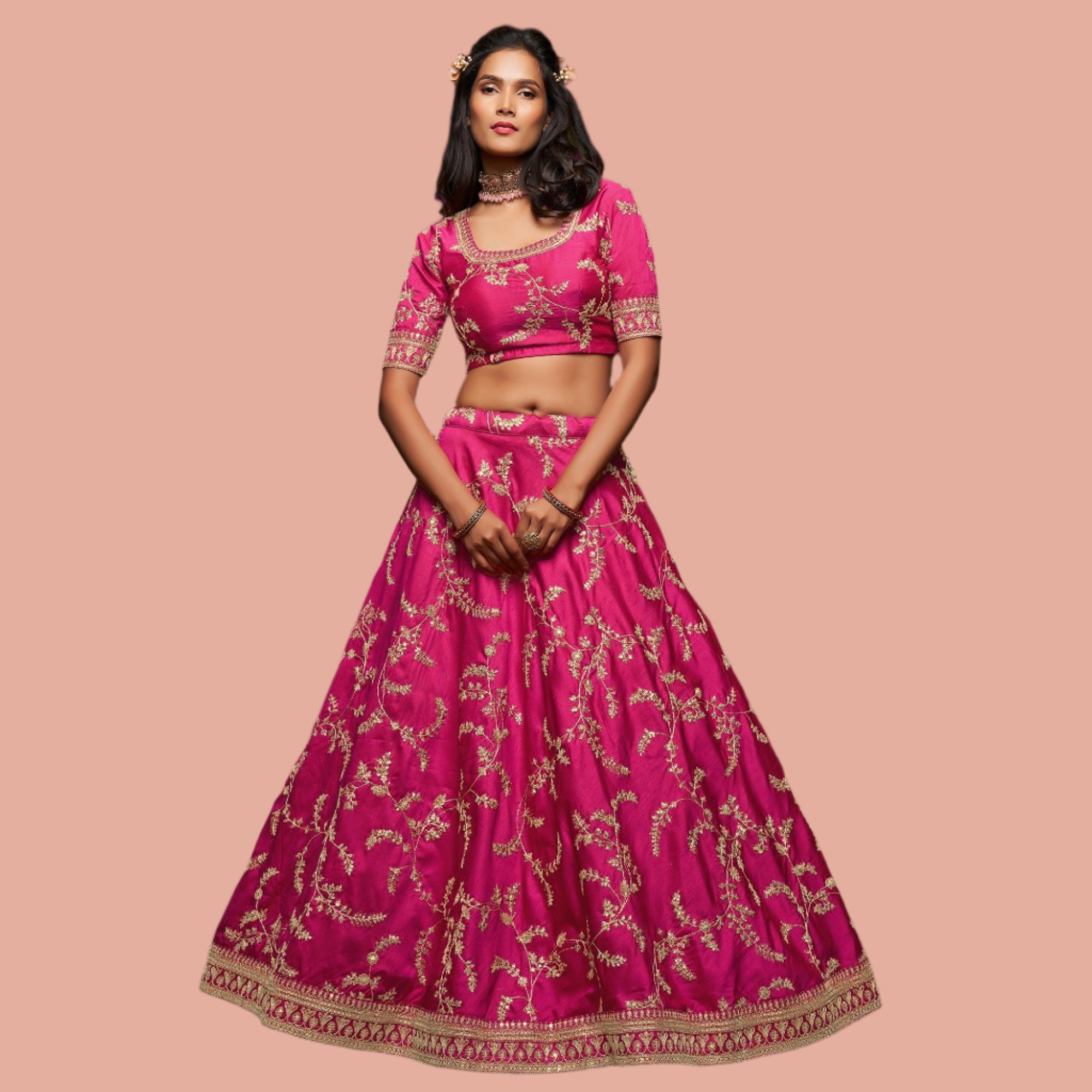 Pink Wedding Floral Sequins Embroidered Art Silk Lehenga Choli - Peachmode