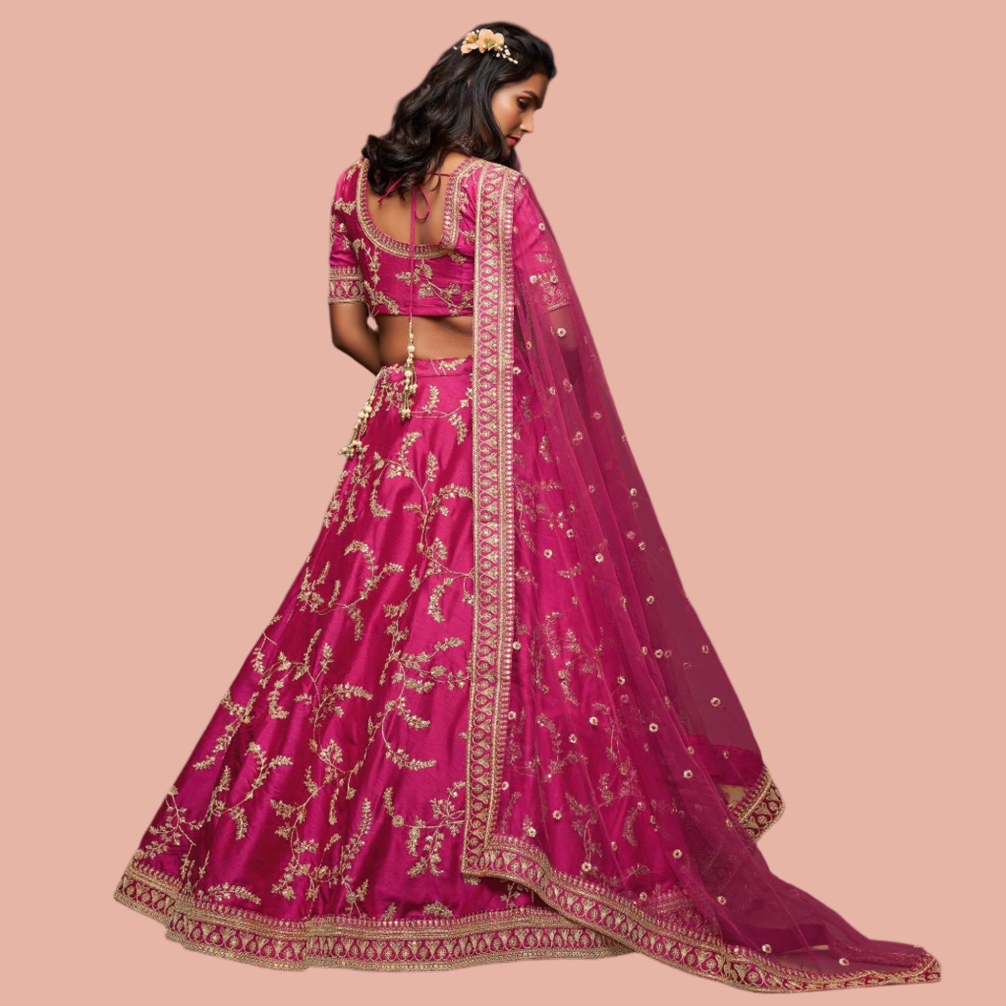 Pink Wedding Floral Sequins Embroidered Art Silk Lehenga Choli - Peachmode