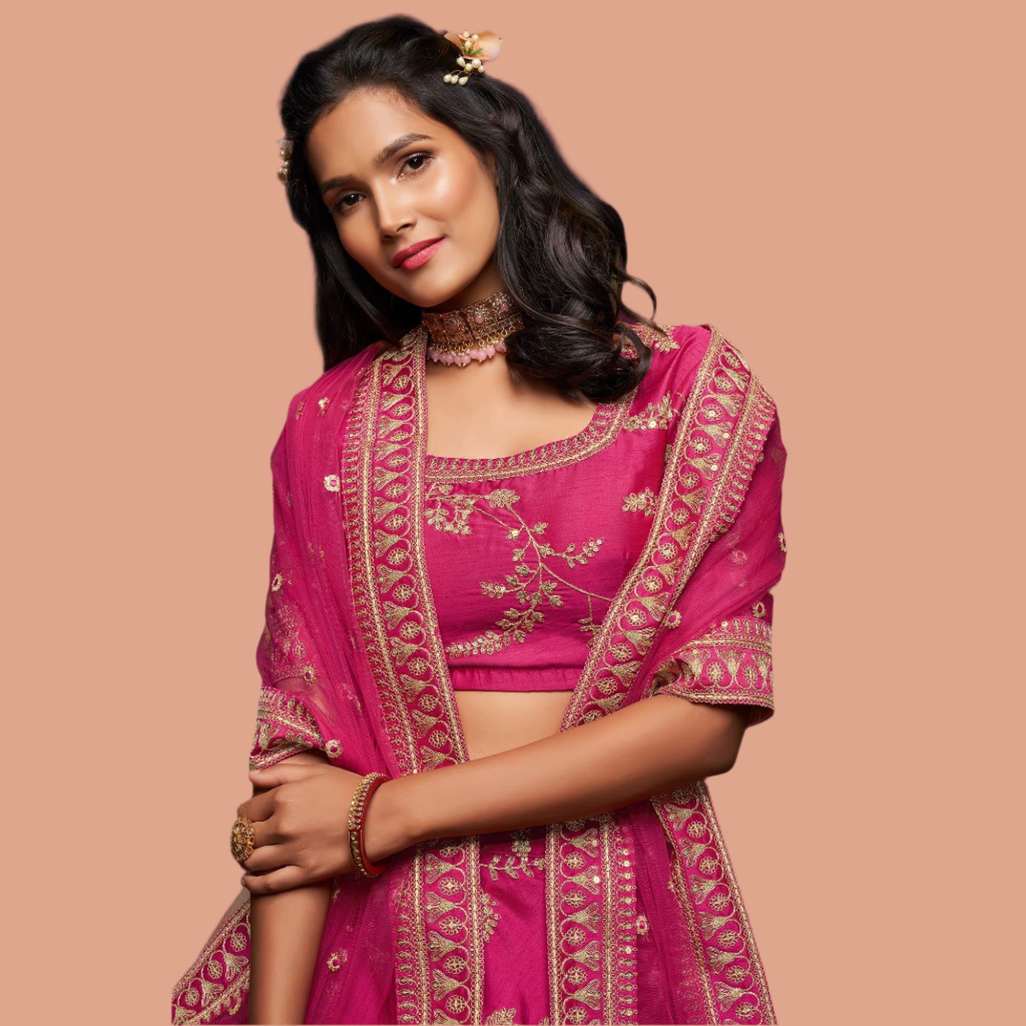 Pink Wedding Floral Sequins Embroidered Art Silk Lehenga Choli - Peachmode