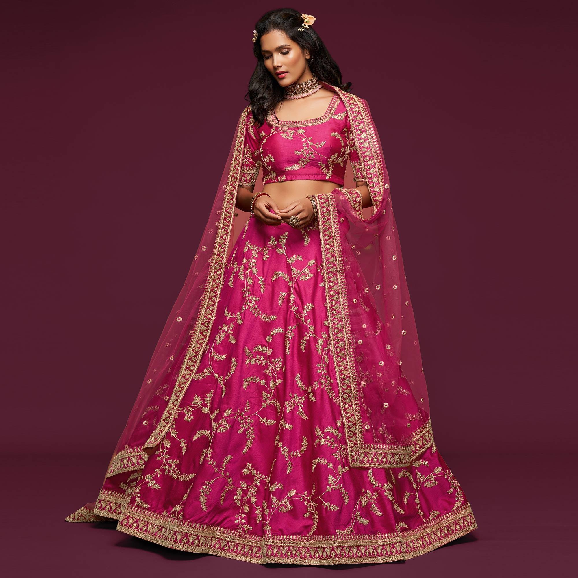 Pink Wedding Floral Sequins Embroidered Art Silk Lehenga Choli - Peachmode
