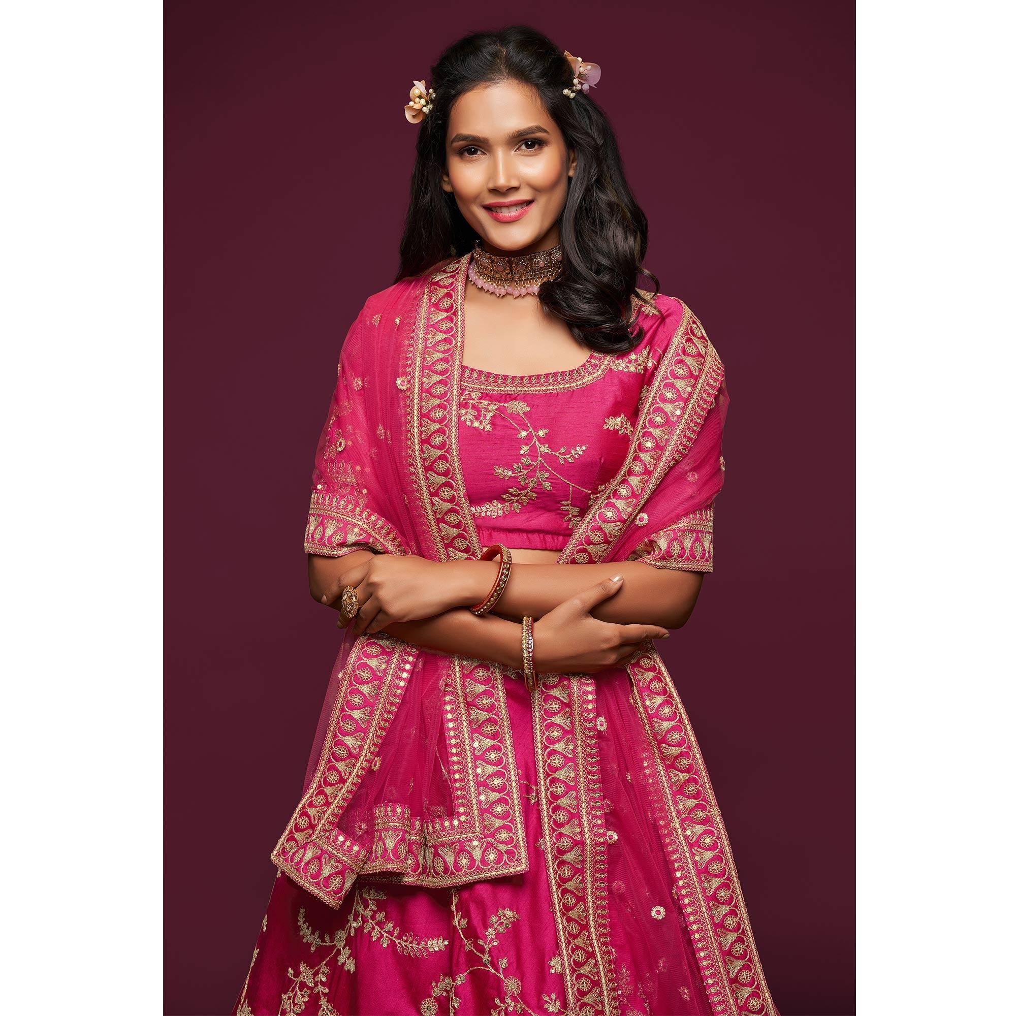 Pink Wedding Floral Sequins Embroidered Art Silk Lehenga Choli - Peachmode