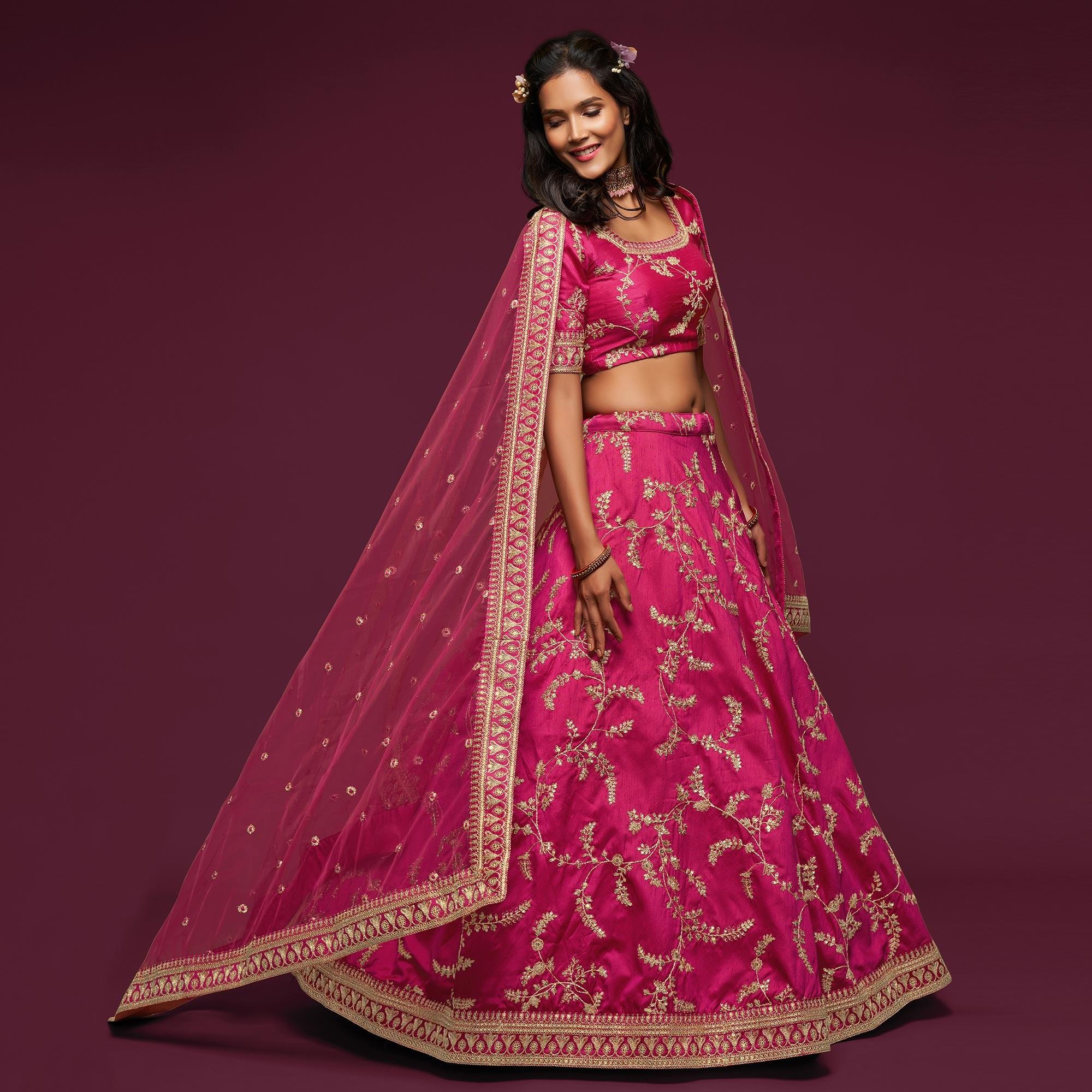 Pink Wedding Floral Sequins Embroidered Art Silk Lehenga Choli - Peachmode