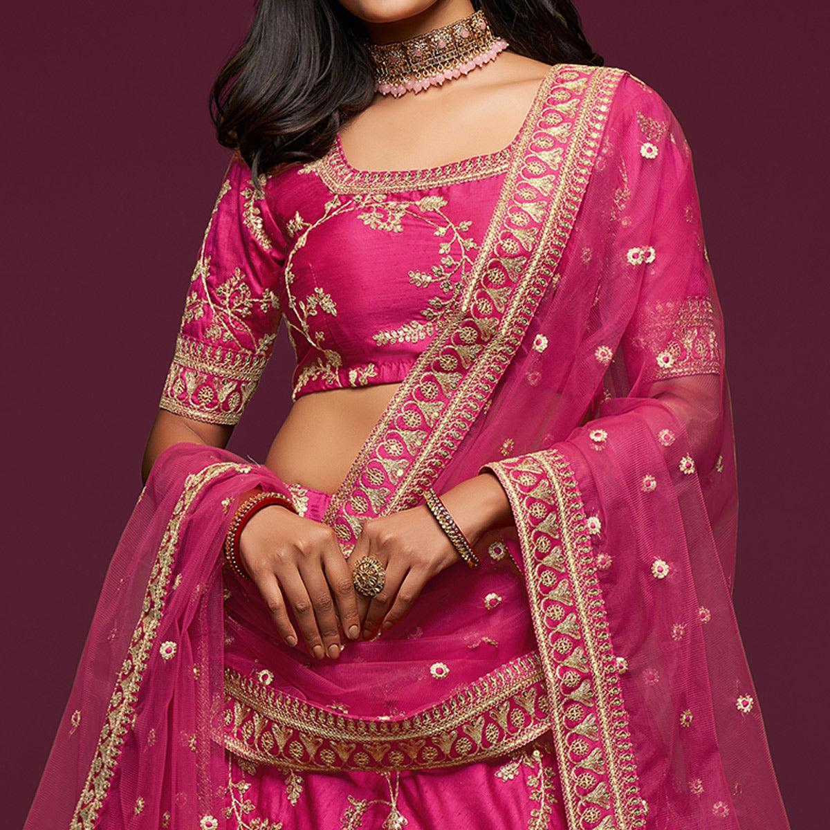 Pink Wedding Floral Sequins Embroidered Art Silk Lehenga Choli - Peachmode