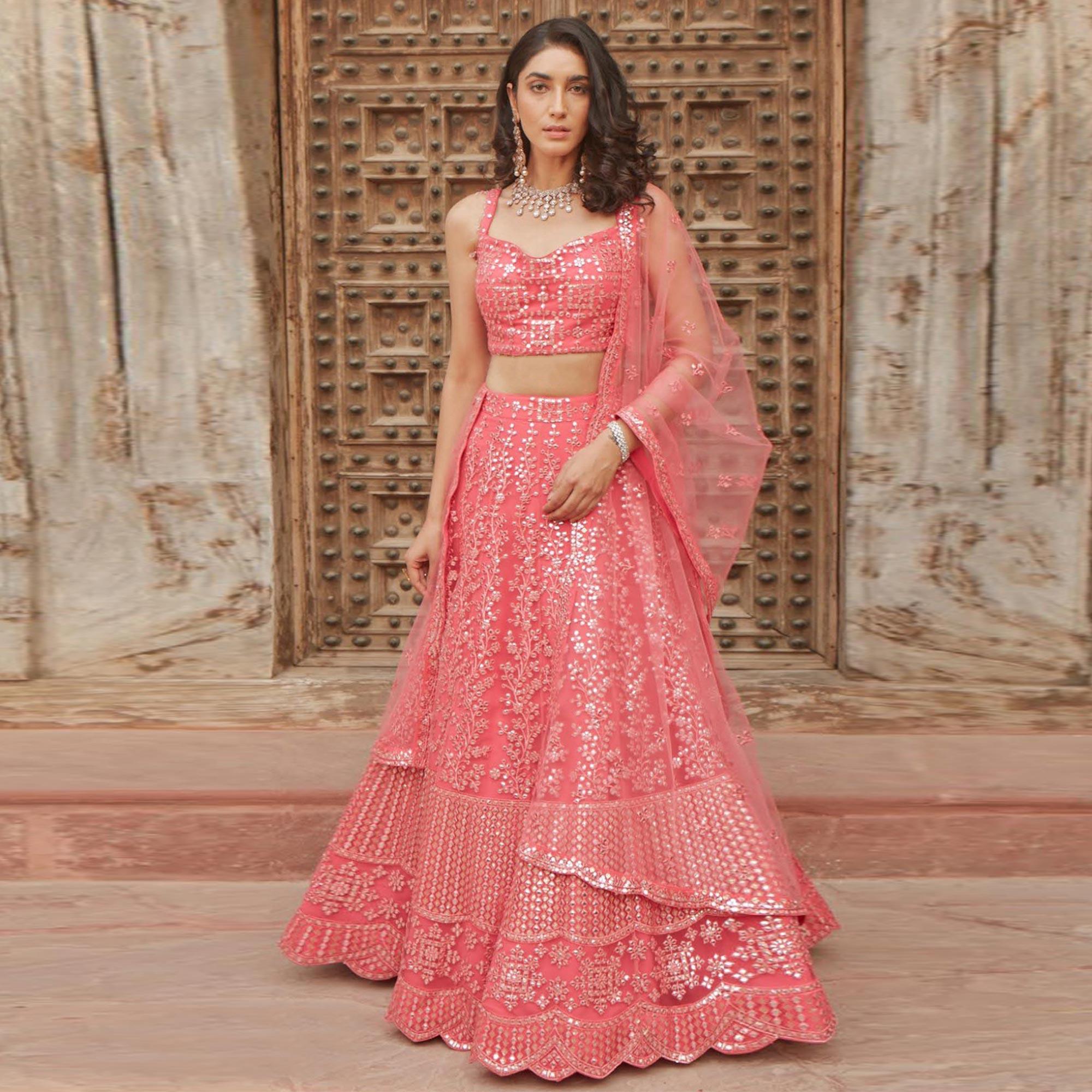 Pink Wedding Wear Designer Embroidered Organza Lahenga Choli - Peachmode