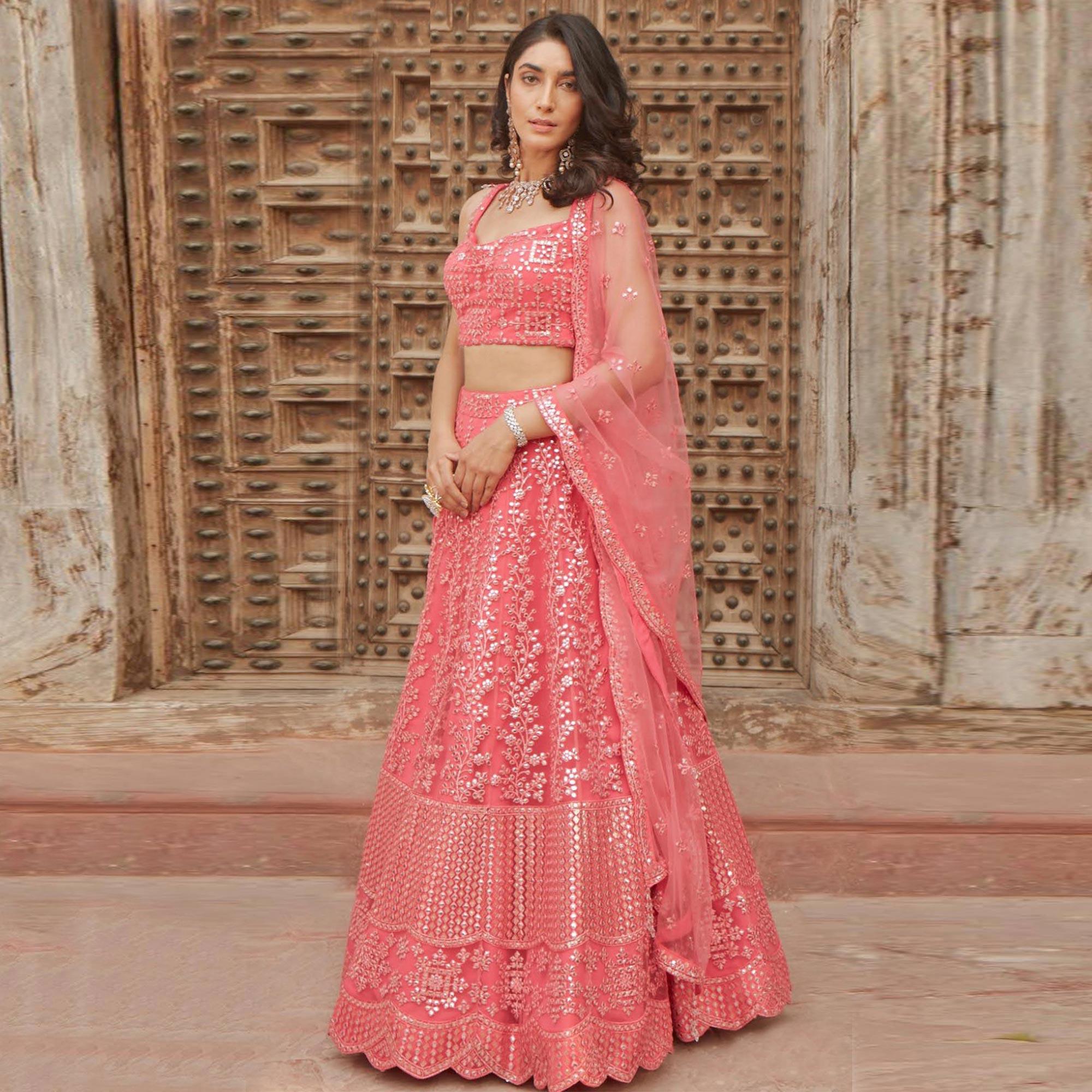 Pink Wedding Wear Designer Embroidered Organza Lahenga Choli - Peachmode