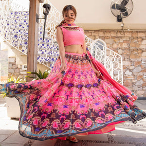 Pink Wedding Wear Designer Floral Prined Chanderi Designer Lehenga Choli - Peachmode
