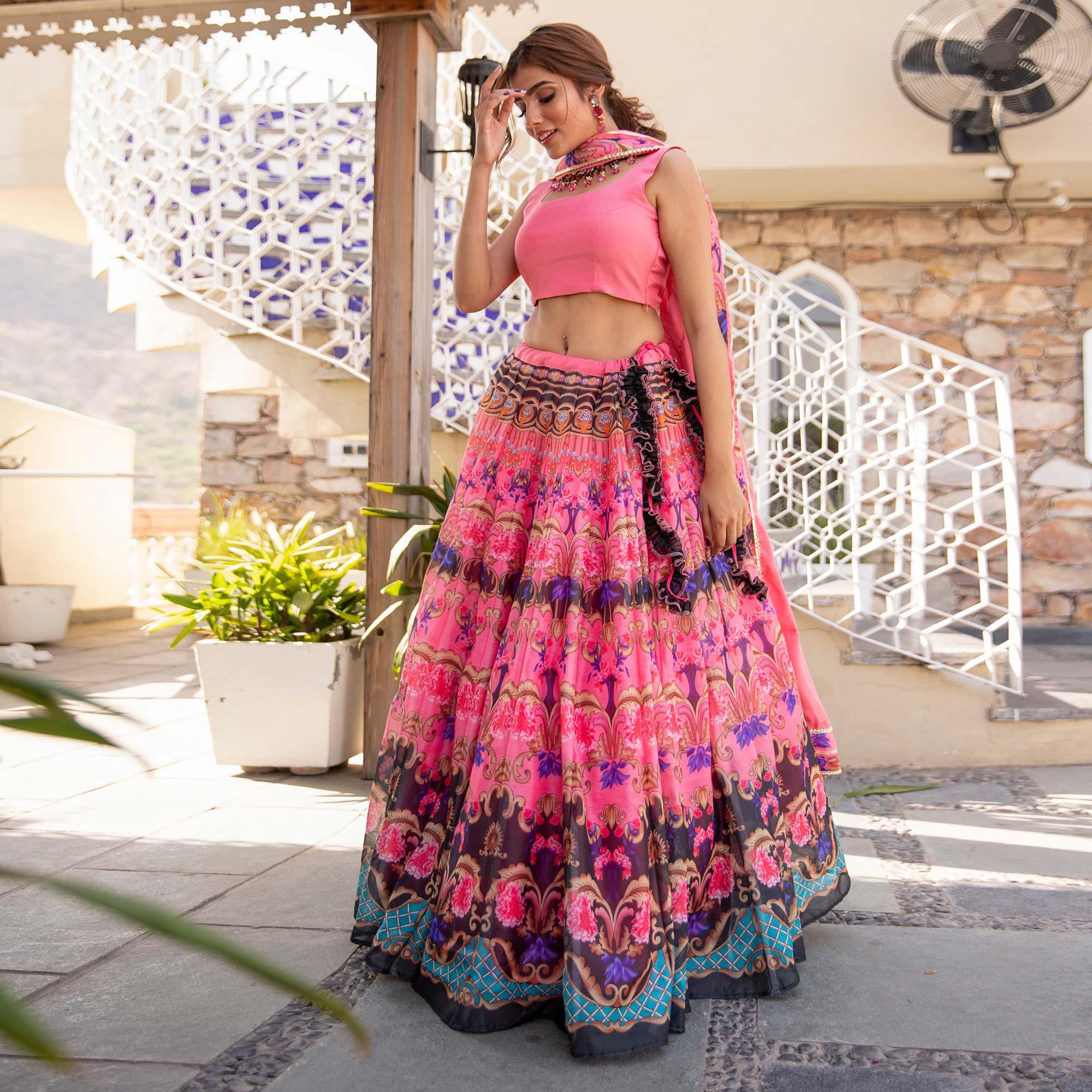 Pink Wedding Wear Designer Floral Prined Chanderi Designer Lehenga Choli - Peachmode