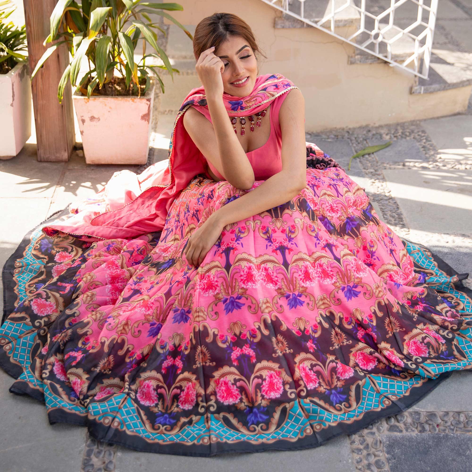 Pink Wedding Wear Designer Floral Prined Chanderi Designer Lehenga Choli - Peachmode