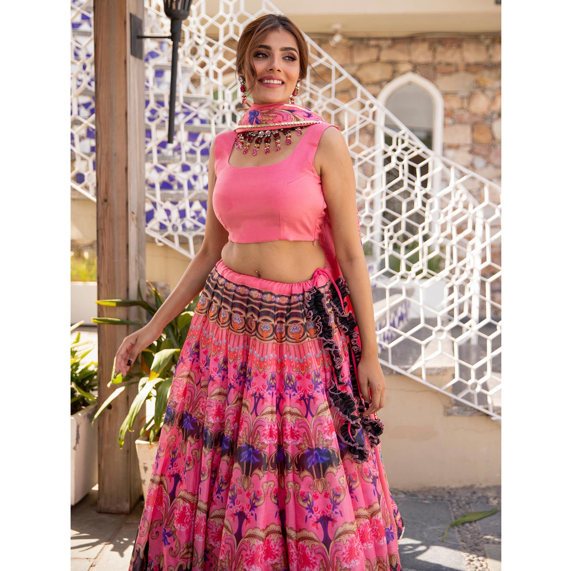 Pink Wedding Wear Designer Floral Prined Chanderi Designer Lehenga Choli - Peachmode