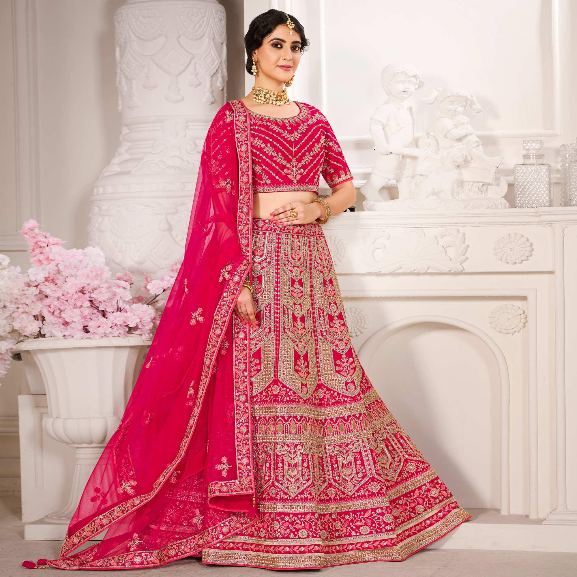 Pink Wedding Wear Embroidered Silk Lehenga Choli - Peachmode