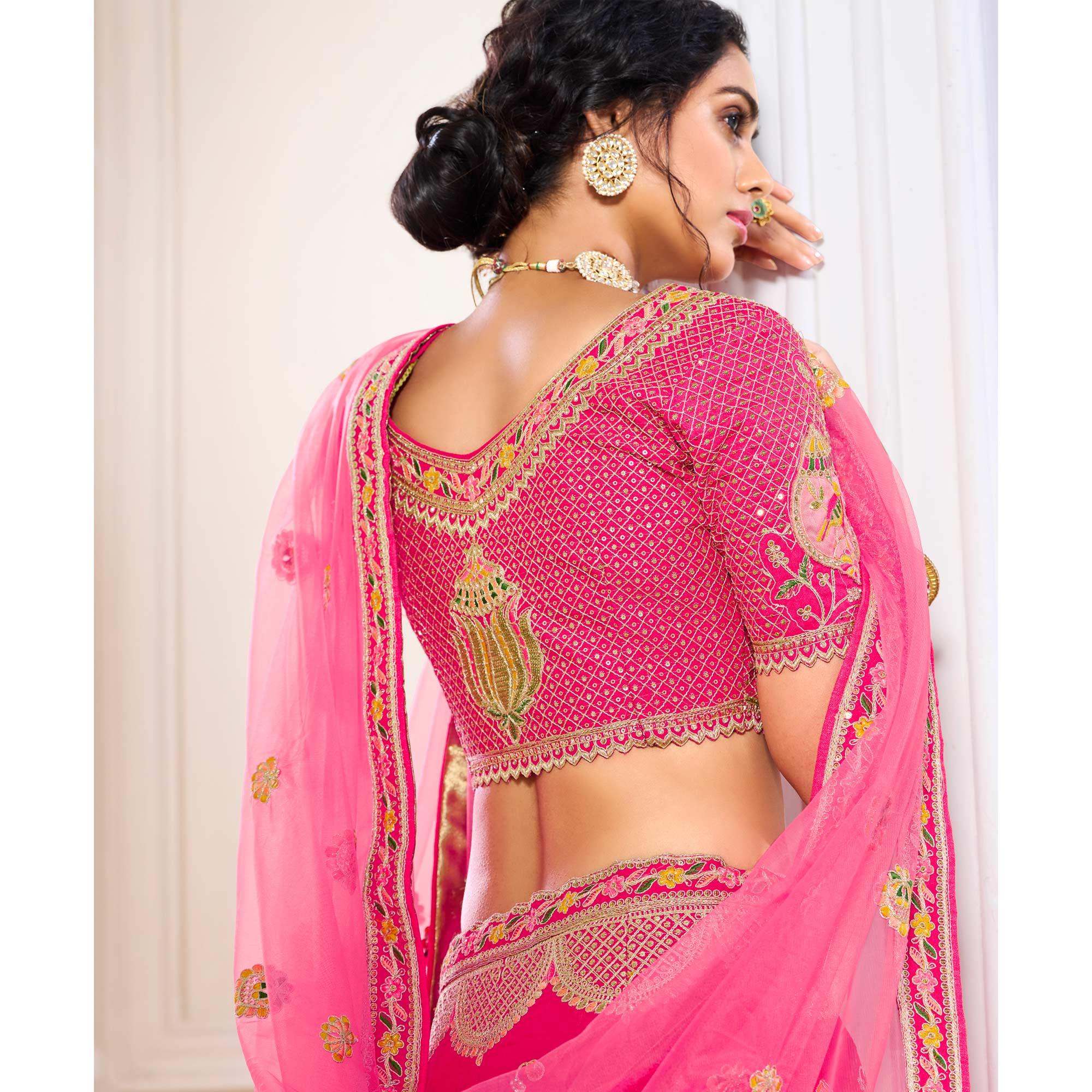 Pink Wedding Wear Embroidered Silk Lehenga Choli - Peachmode