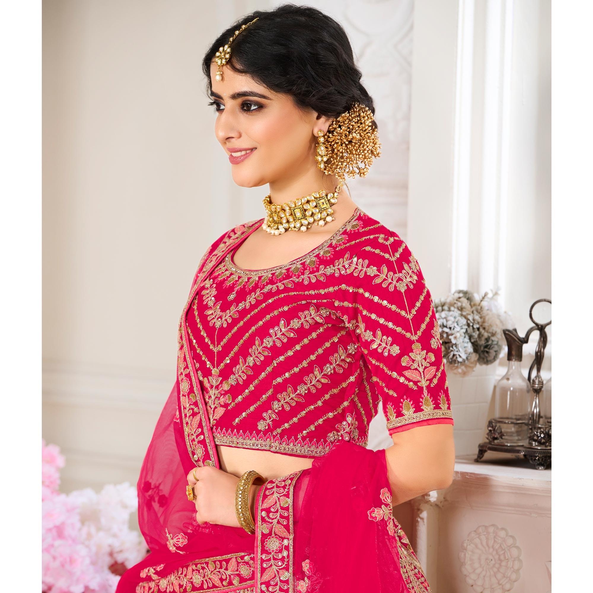Pink Wedding Wear Embroidered Silk Lehenga Choli - Peachmode
