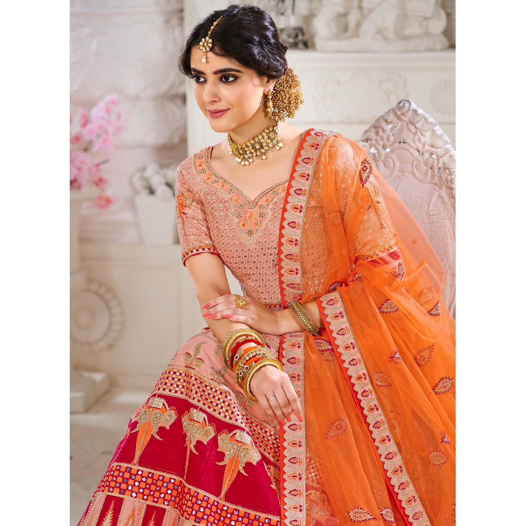 Pink Wedding Wear Embroidered Silk Lehenga Choli - Peachmode
