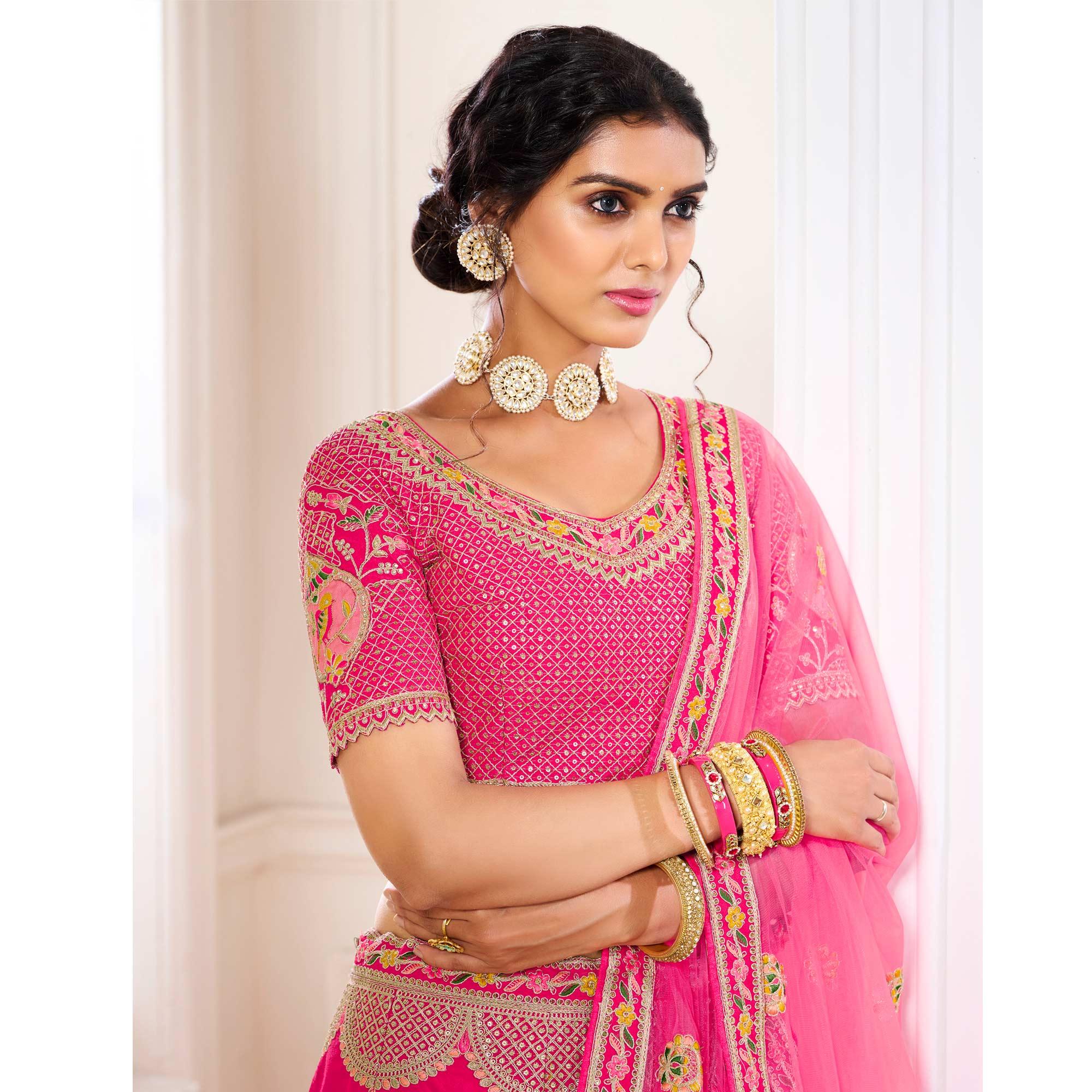 Pink Wedding Wear Embroidered Silk Lehenga Choli - Peachmode
