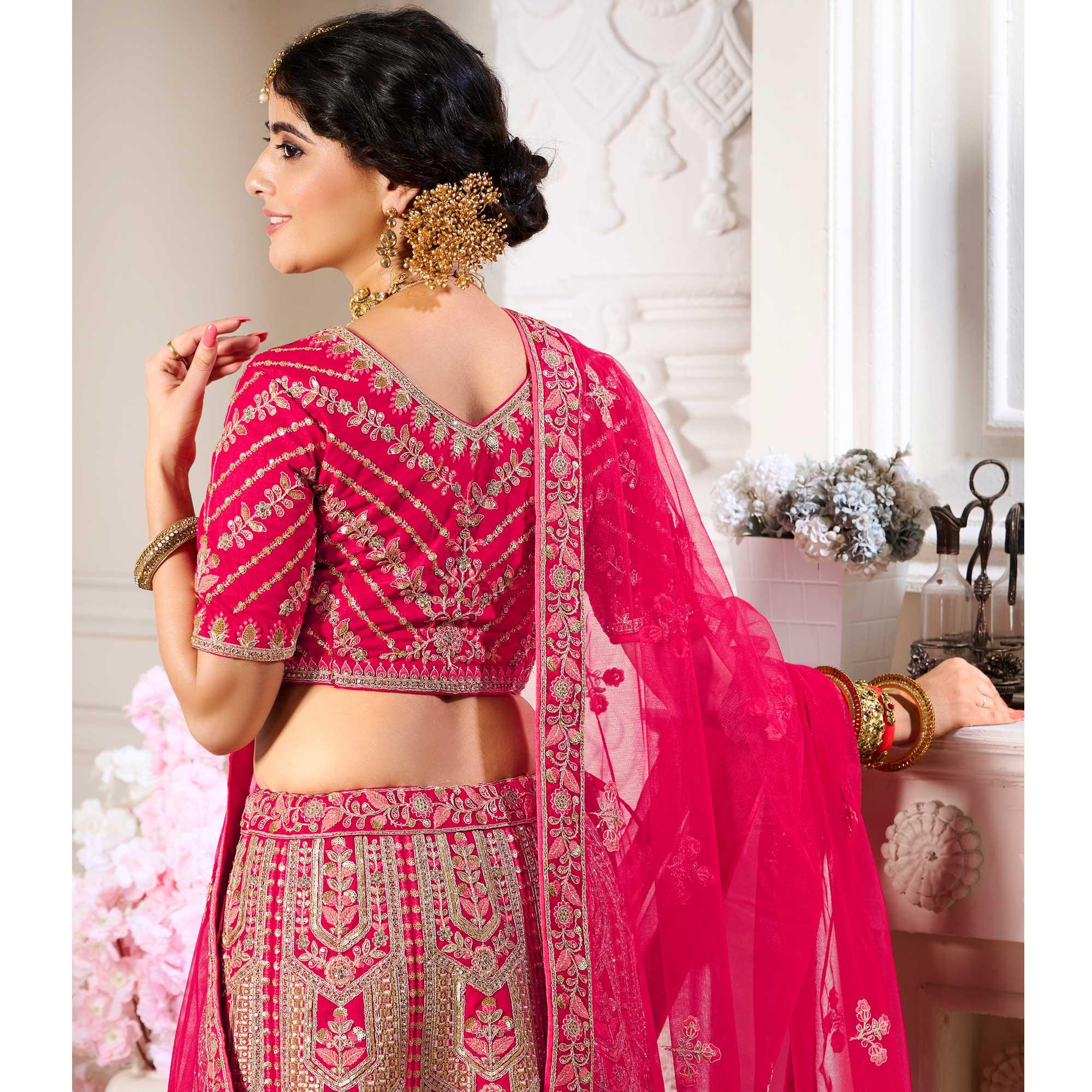 Pink Wedding Wear Embroidered Silk Lehenga Choli - Peachmode