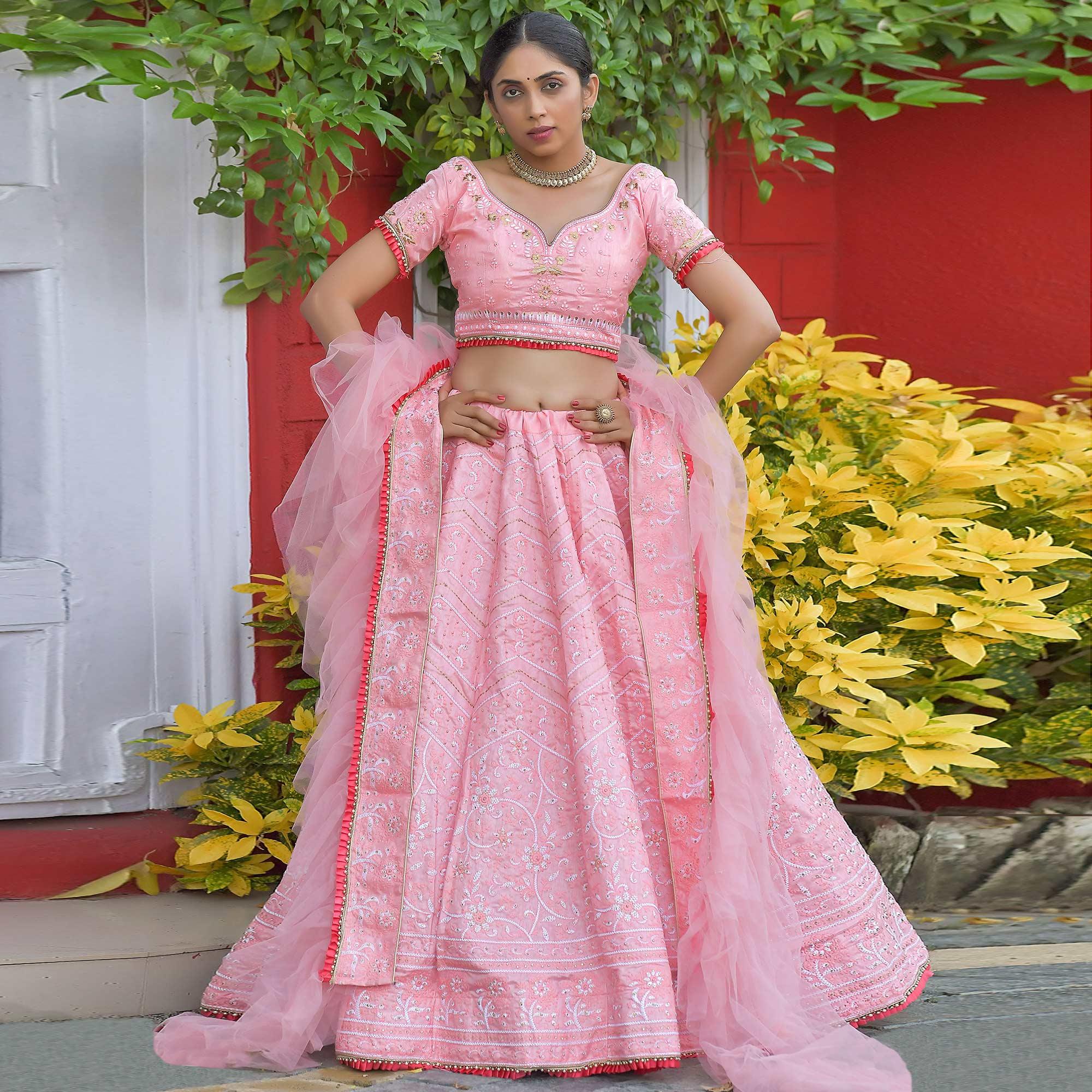 Pink Wedding Wear Floral Embroidery & Resham Work Silk Lehenga Choli - Peachmode