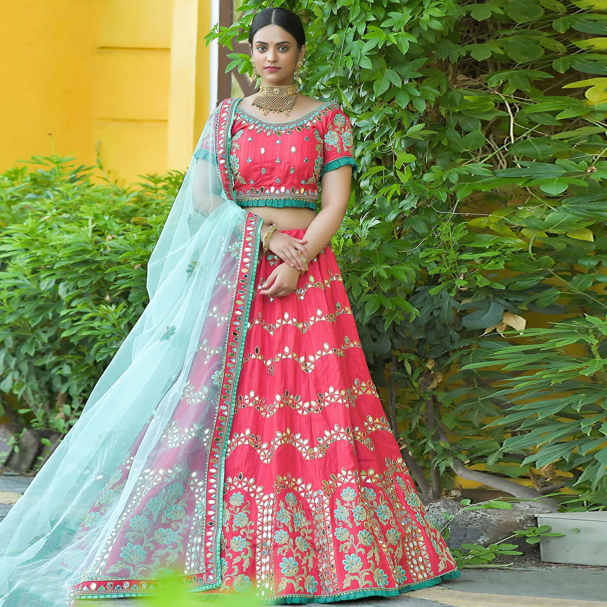 Pink Wedding Wear Floral Embroidery & Resham Work Silk Lehenga Choli - Peachmode
