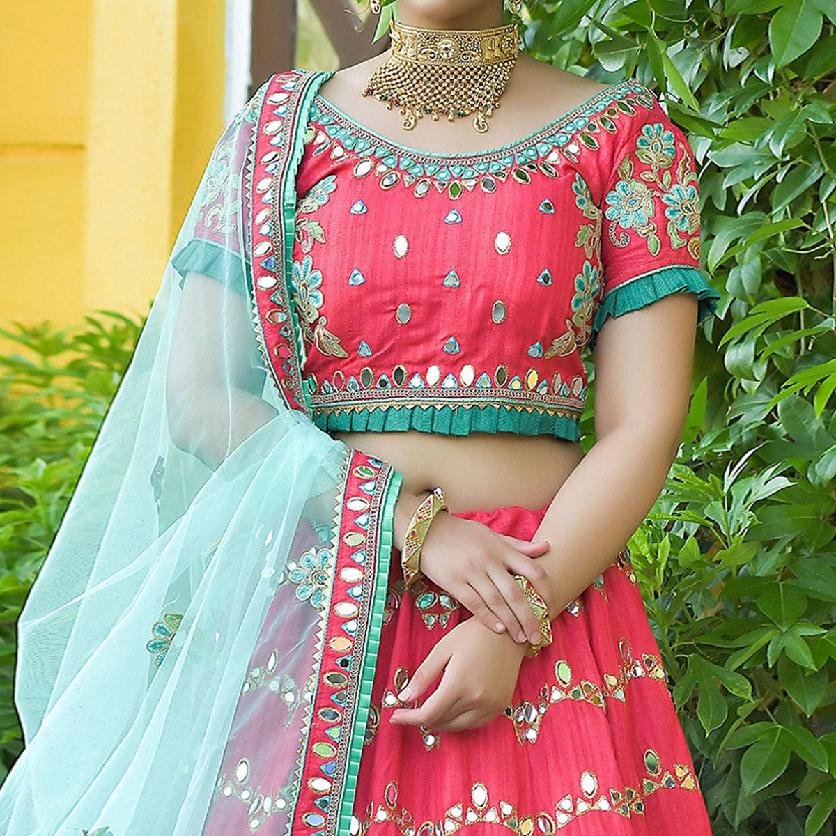Pink Wedding Wear Floral Embroidery & Resham Work Silk Lehenga Choli - Peachmode