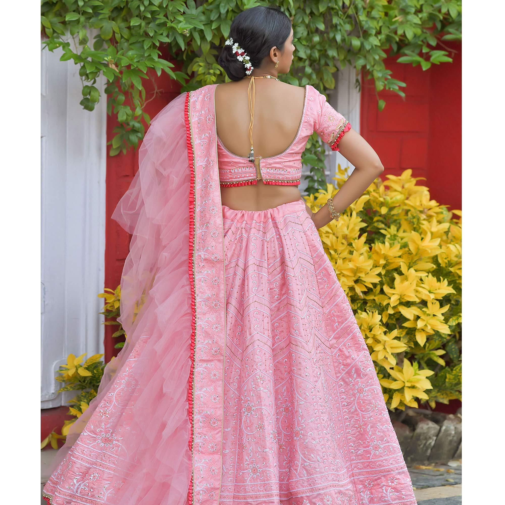 Pink Wedding Wear Floral Embroidery & Resham Work Silk Lehenga Choli - Peachmode