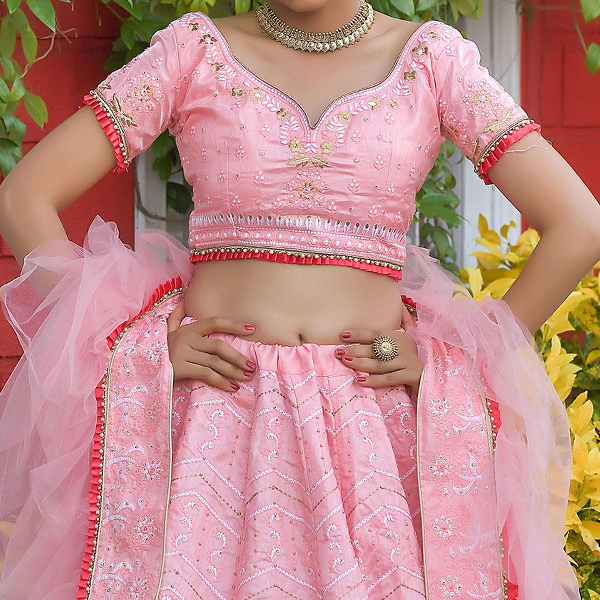Pink Wedding Wear Floral Embroidery & Resham Work Silk Lehenga Choli - Peachmode