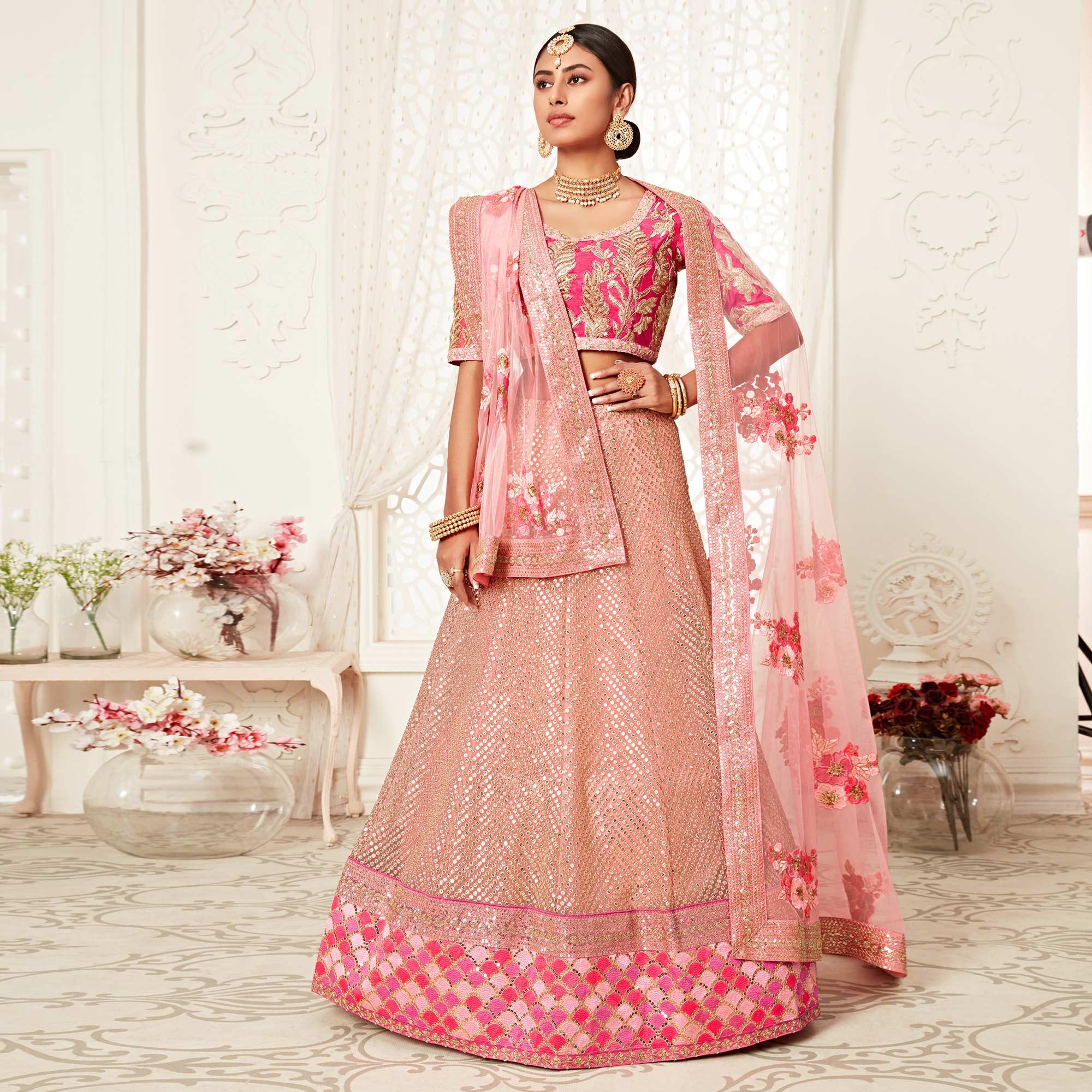 Pink Wedding Wear Floral Sequins Embroidered Soft Net Lehenga Choli - Peachmode